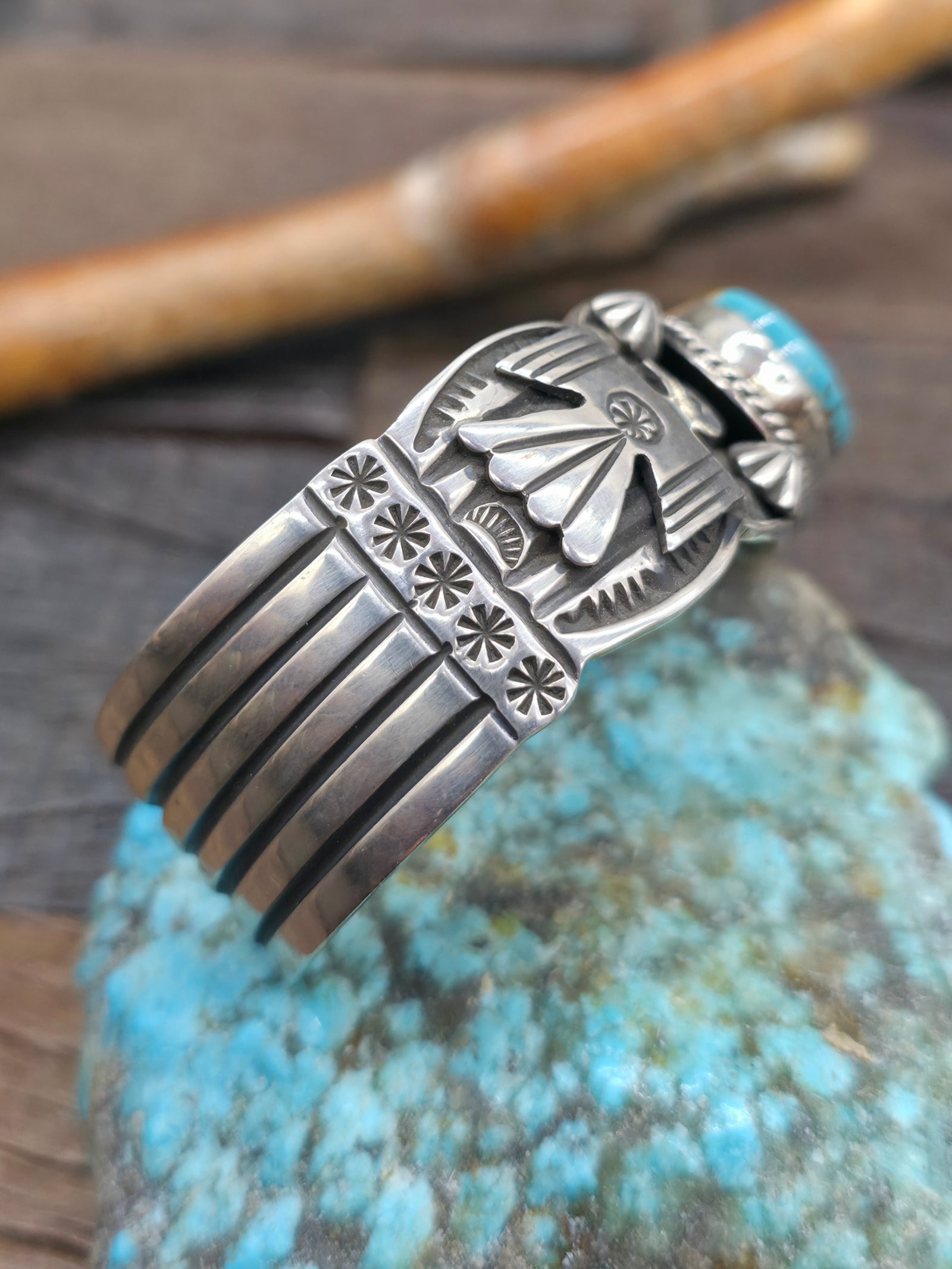 Stamped Sterling Silver Royston Turquoise Thunderbird Cuff by Andy Cadman - 6 3/4 in. with Gap