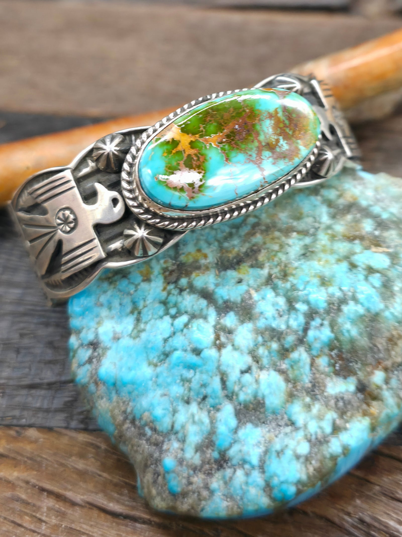 Stamped Sterling Silver Royston Turquoise Thunderbird Cuff by Andy Cadman - 6 3/4 in. with Gap