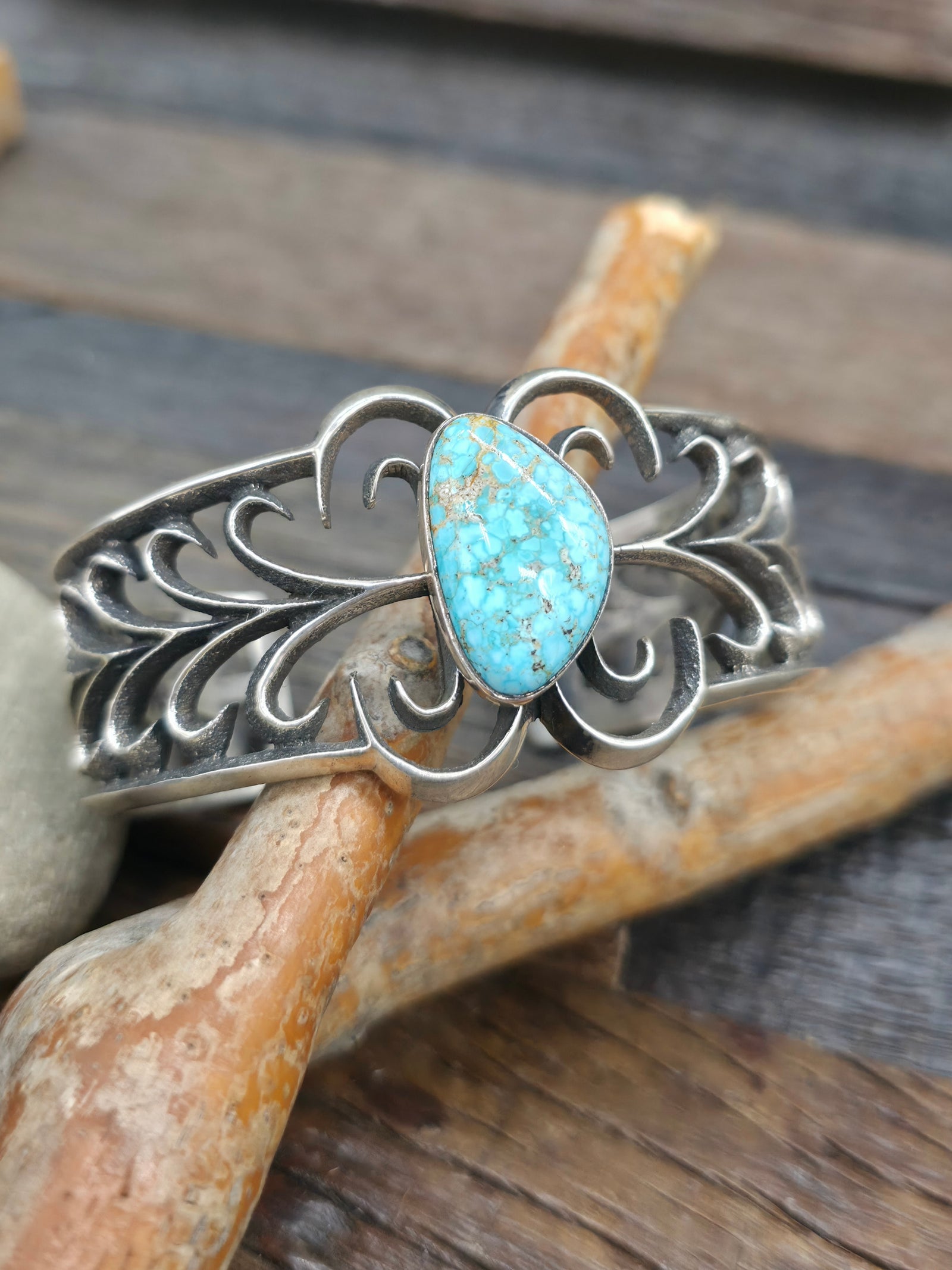 Cast Sterling Silver and #8 Turquoise Cuff by Aaron Anderson - 7 in. w/Gap