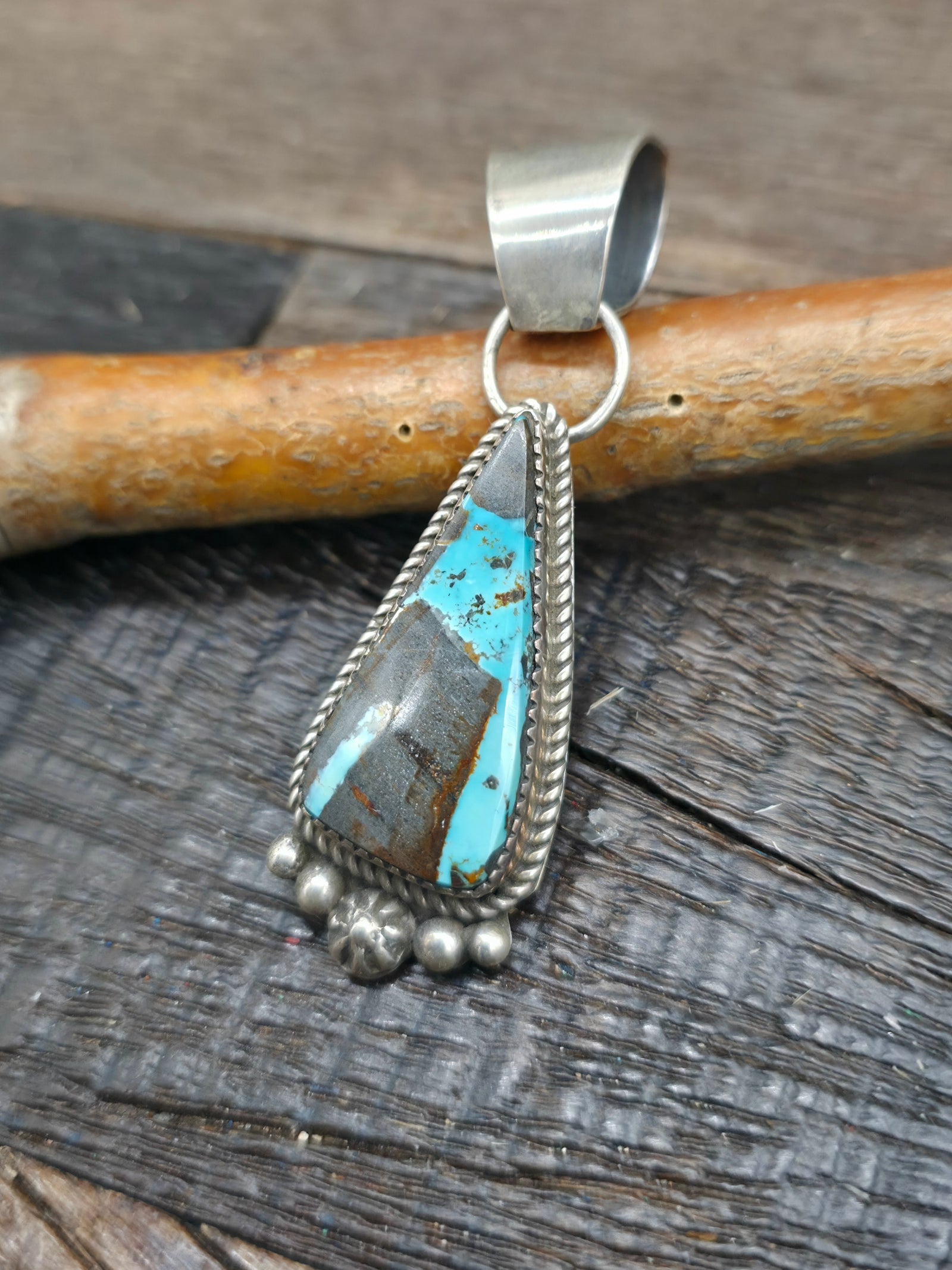 Sterling Silver Candelaria Turquoise Pendant by LaRose Ganadanegro - 2 1/2 in. by 3/4 in.