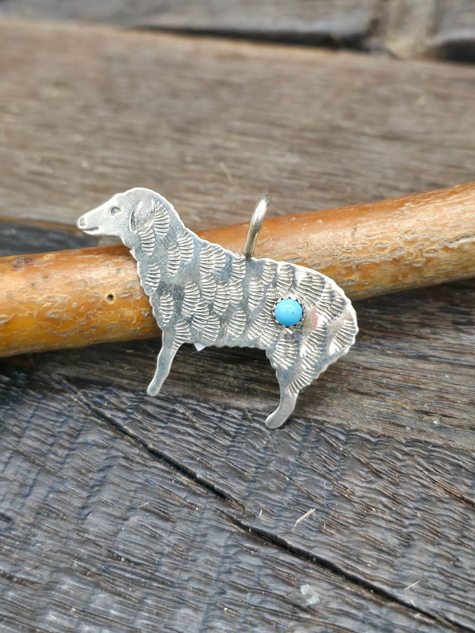 Stamped Sterling Silver Sheep Pendant by Lucille Platero - Turquoise - 1 1/2 in. by 1 1/2 in.