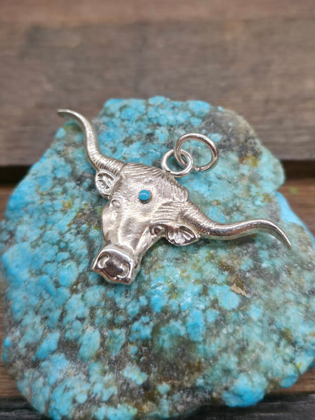 Cast Sterling Silver Turquoise Bull Head Pendant by Virick Laweka - 1 1/2 in. by 2 1/2 in.