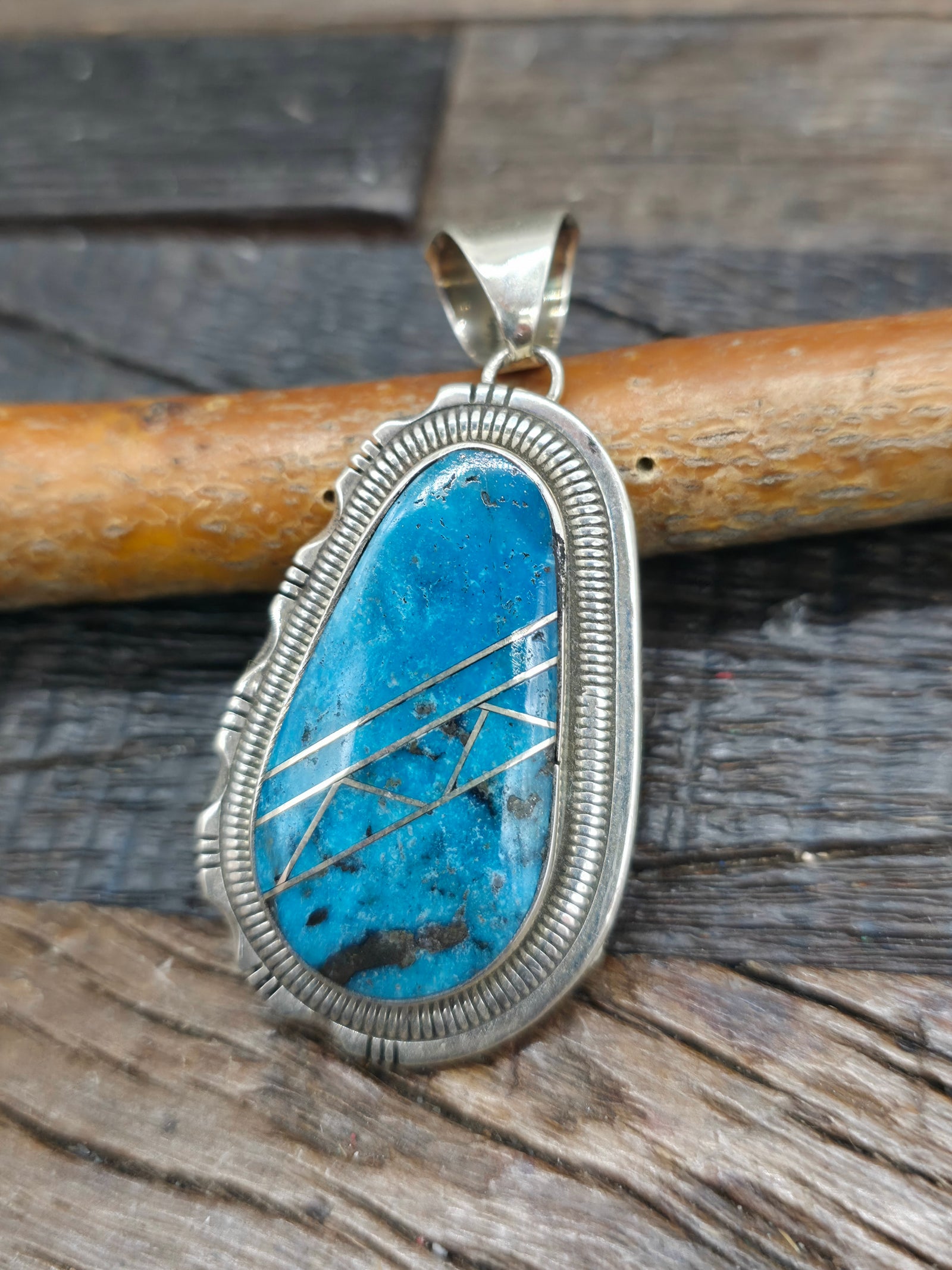 Sterling Silver Blue Turquoise Inlay Pendant by Walter Vandever - 2 in. by 1 in.