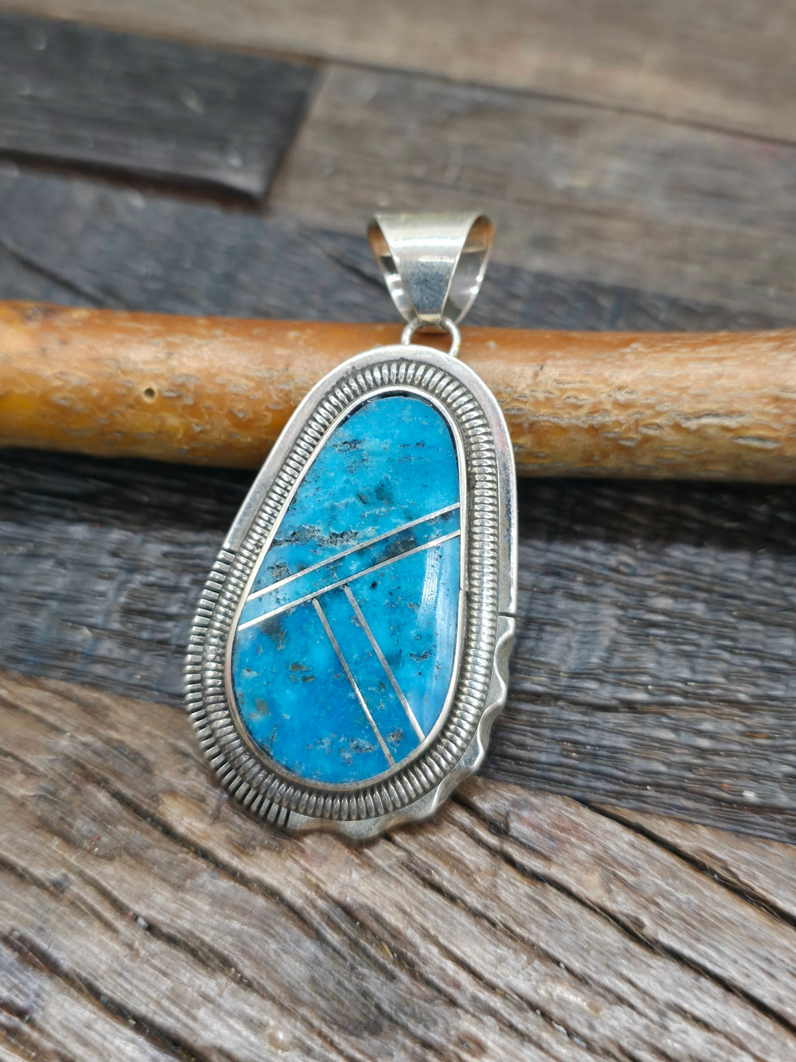Sterling Silver Blue Turquoise Inlay Pendant by Walter Vandever - 2 in. by 1 in.
