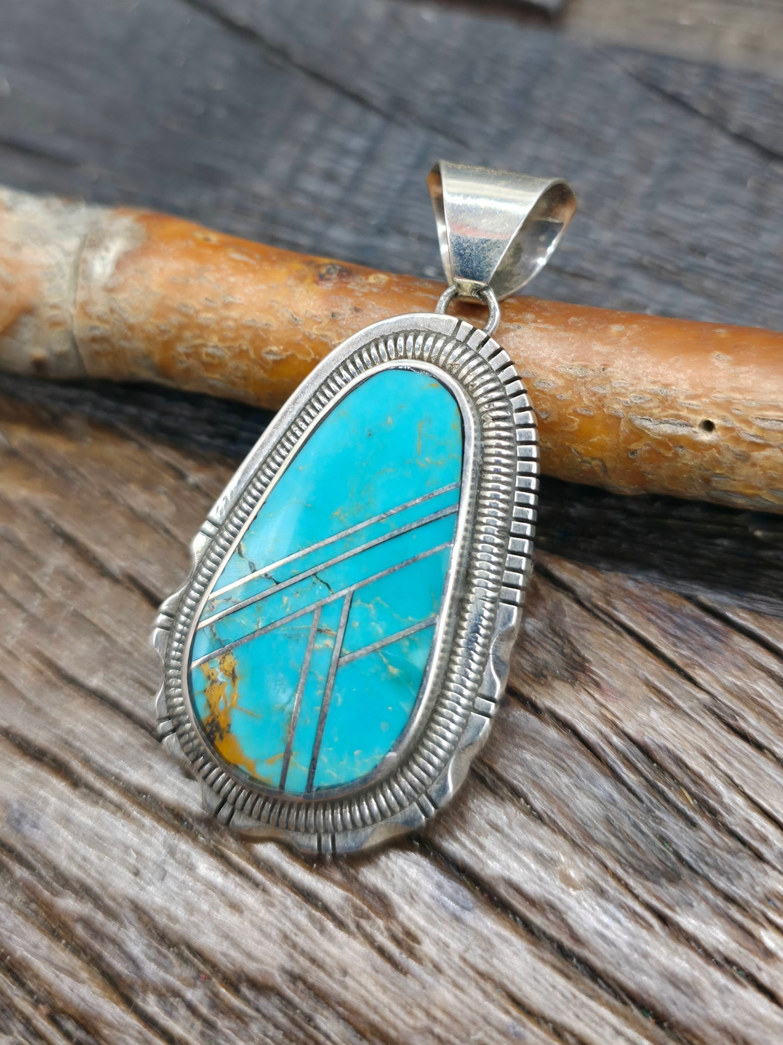 Sterling Silver Green Turquoise Inlay Pendant by Walter Vandever - 2 in. by 1 in.