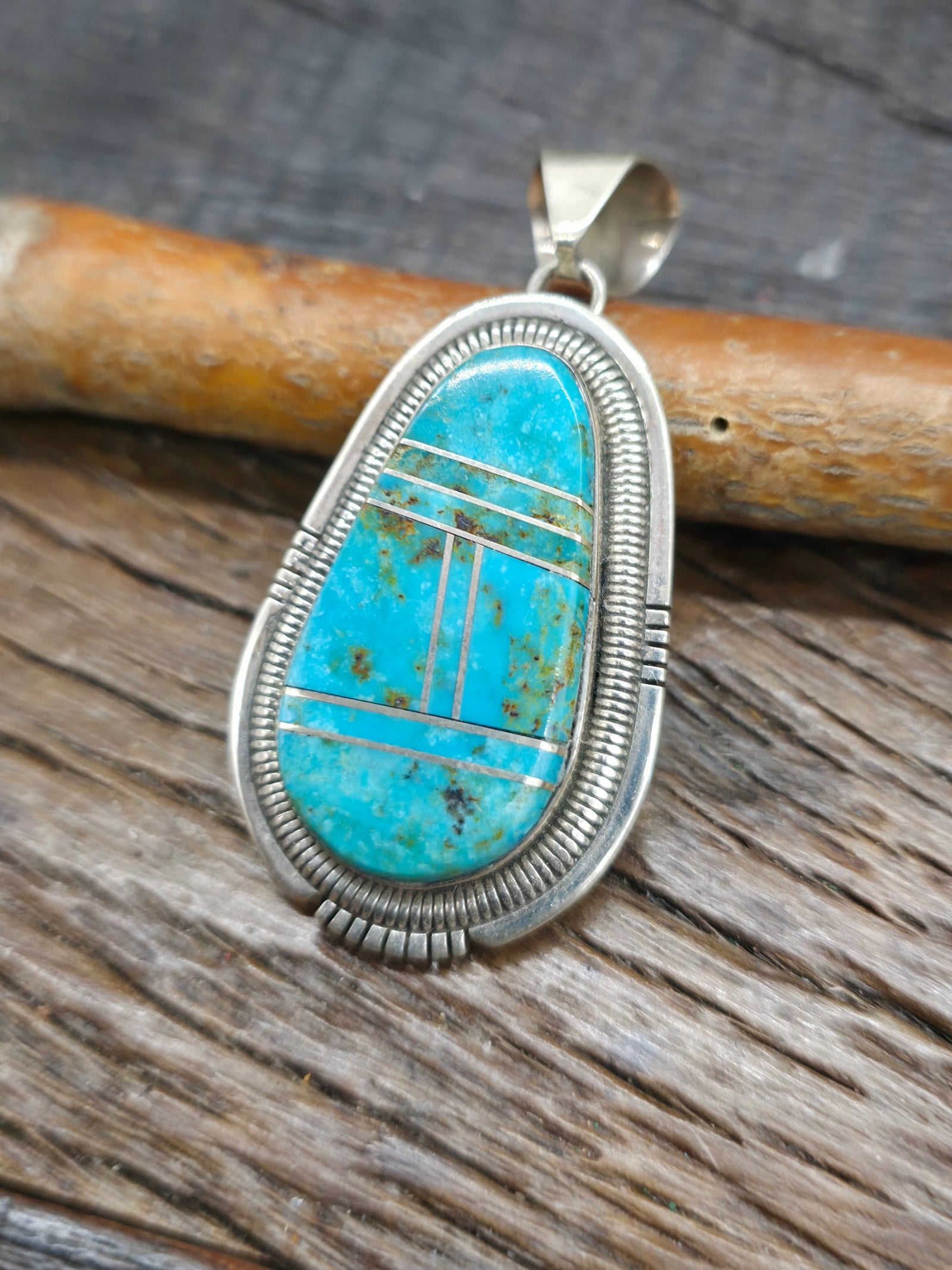 Sterling Silver Green Turquoise Inlay Pendant by Walter Vandever - 2 in. by 1 in.