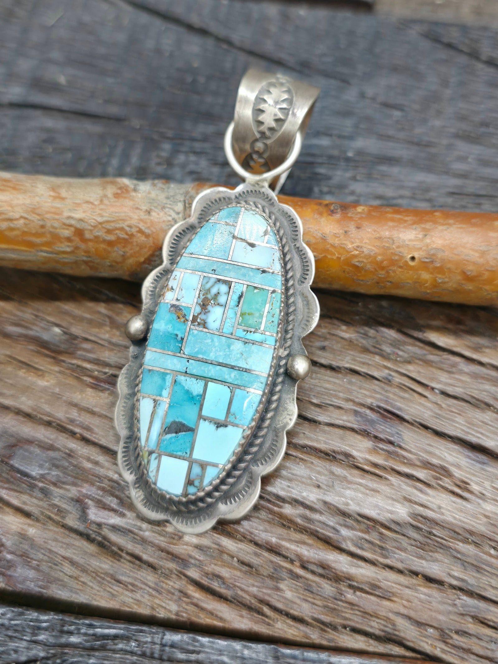 Sterling Silver Dry Creek Turquoise Inlay Pendant by LaRose Ganadanegro - 3 1/4 in. by 1 in.
