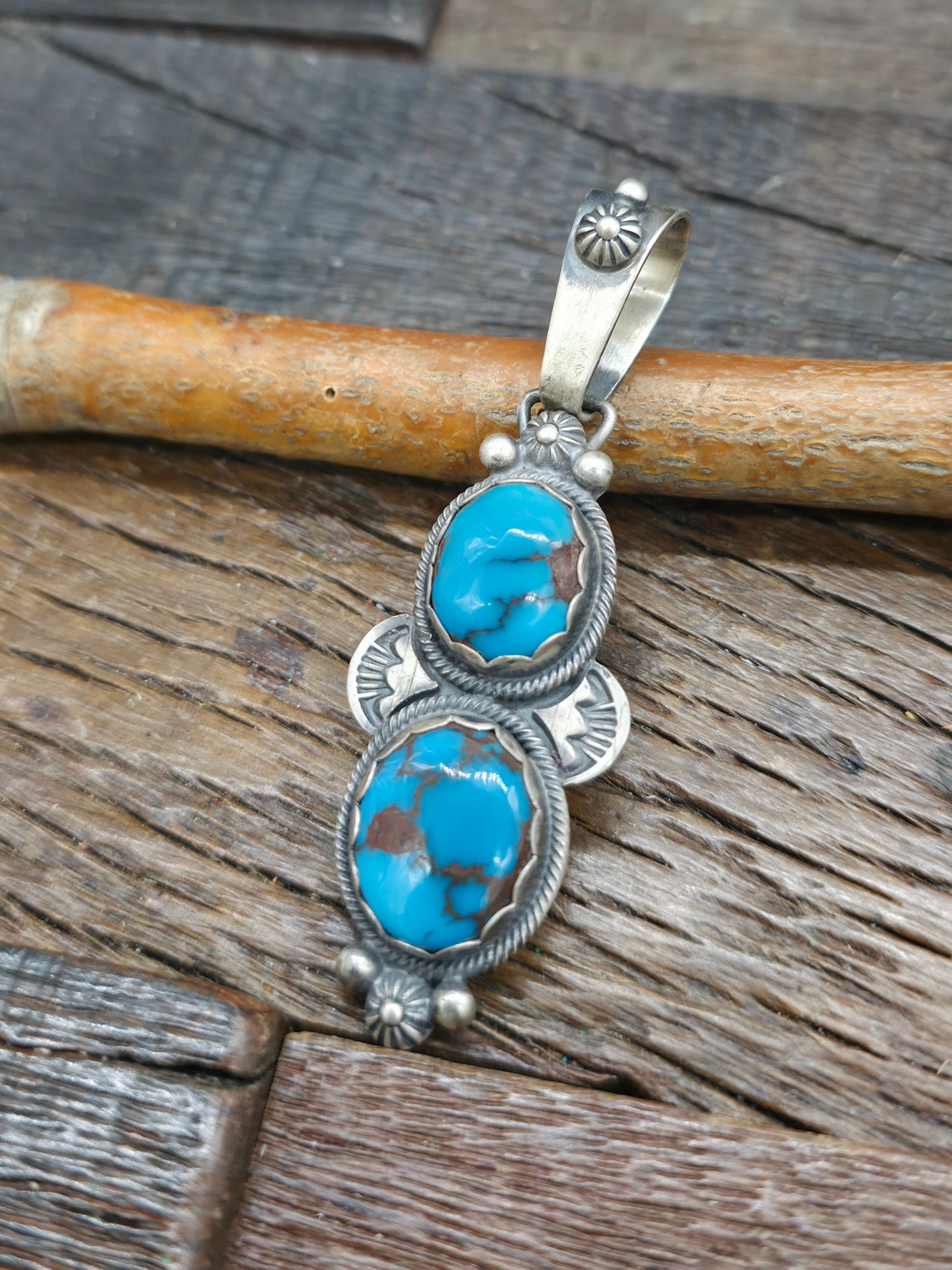 Sterling Silver Egyptian Turquoise Two Stone Pendant by P. Begay - 3 in. by 1 in.
