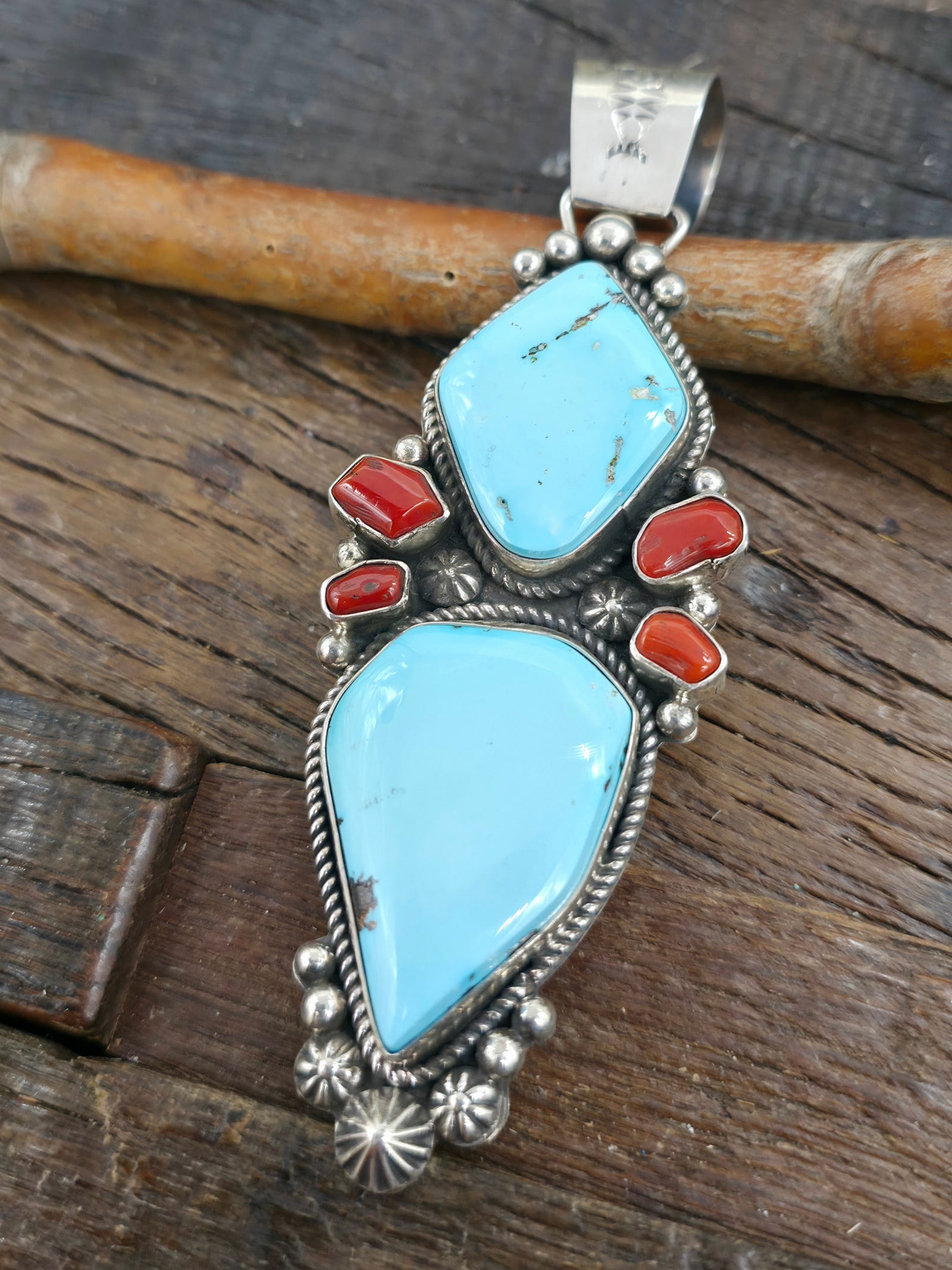 Sterling Silver Coral and Candelaria Turquoise Pendant by Rosella Paxson - 5 in. by 1 1/2 in.
