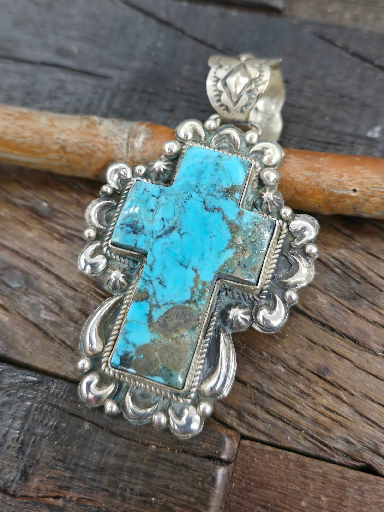 Kingman Turquoise and Sterling Silver Repousse Cross Pendant by Richard Jim - 3 3/4 in. by `2 in.
