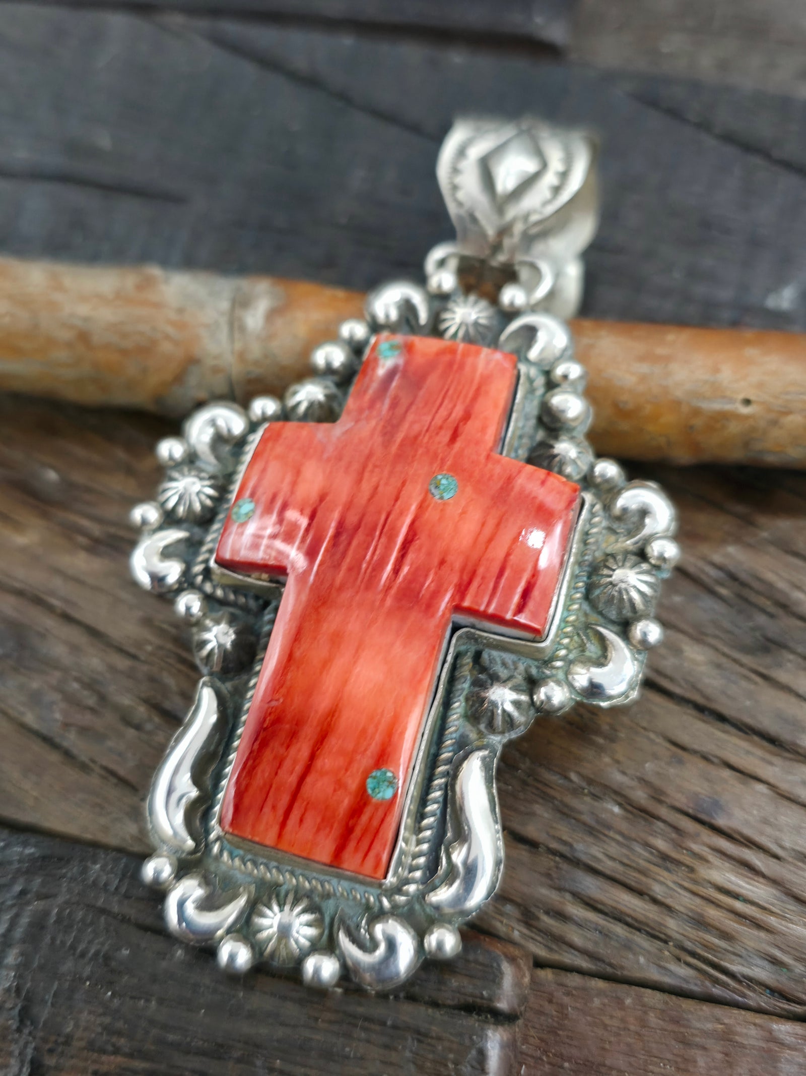 Repousse Stamped Sterling Silver Spiny Oyster Cross Pendant by Richard Jim - 4 in. by 2 in.