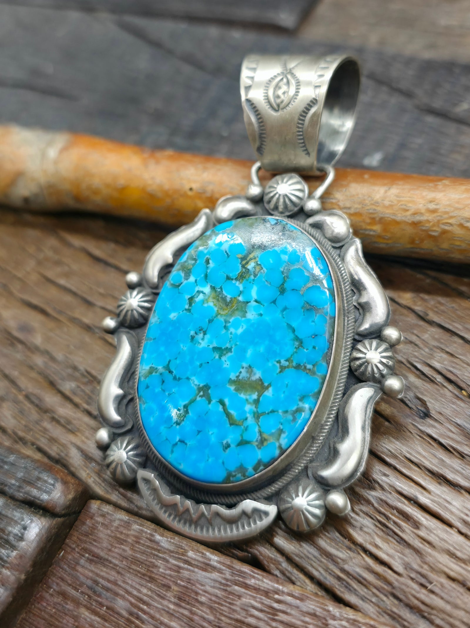 Kingman Turquoise and Sterling Silver Repousse Pendant by Richard Jim - 3 1/4 in. by `3/4 in.