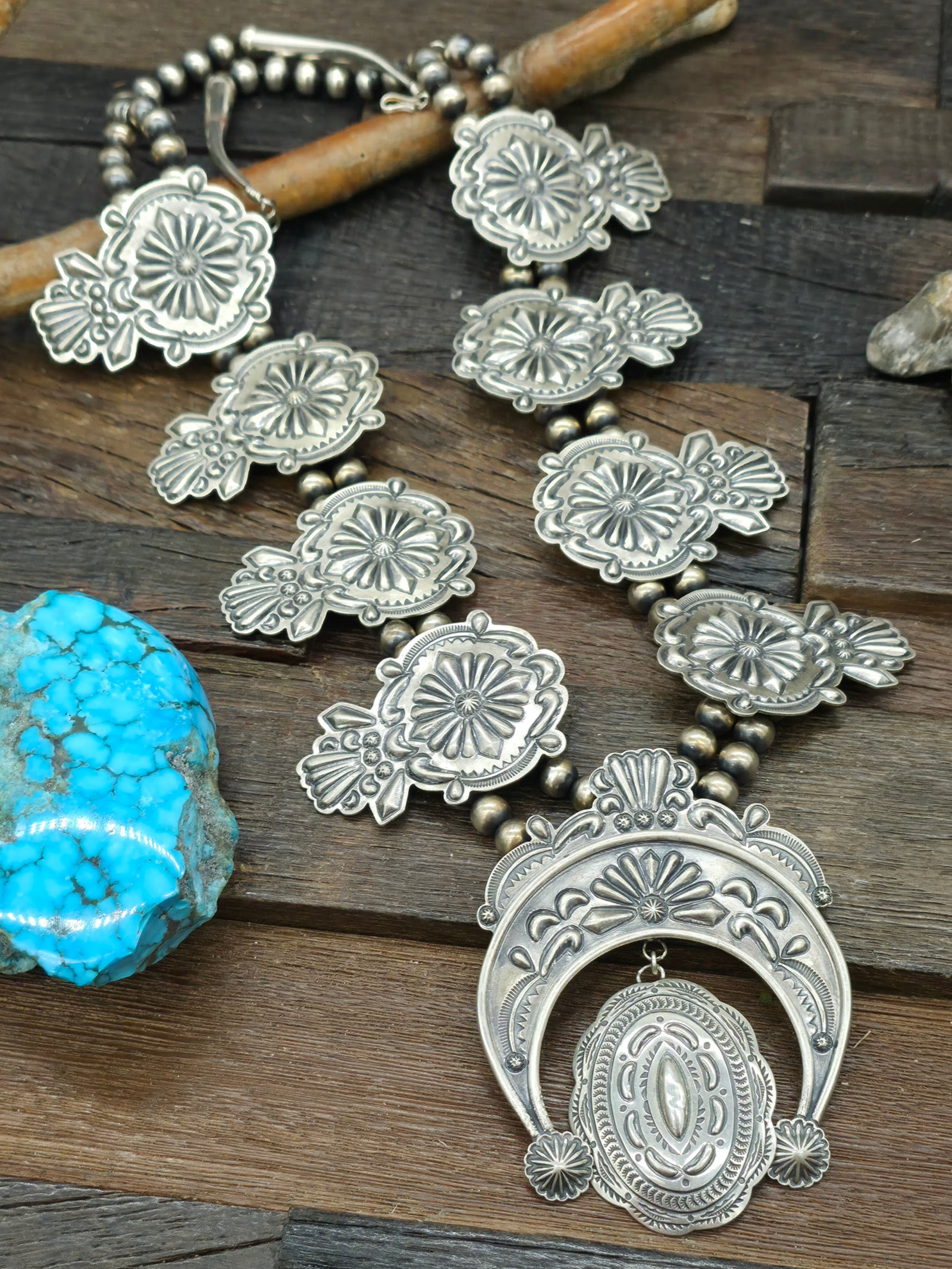 Sterling Silver Turquoise Squash Blossom Necklace by Terry Charlie- 28 in.