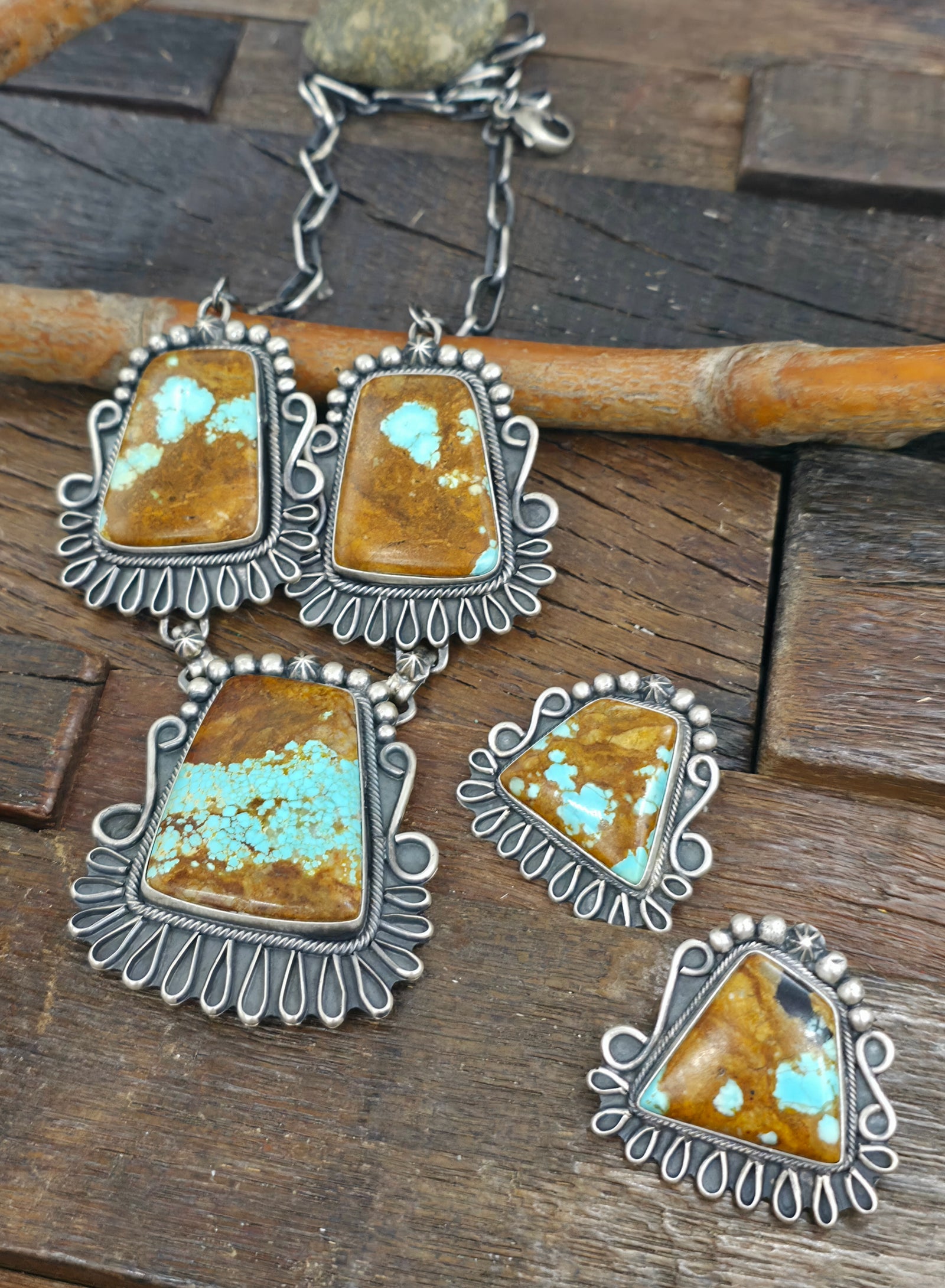 Sterling Silver Blue Gem Turquoise Necklace and Earring Set by Bob Becenti - 20 in.