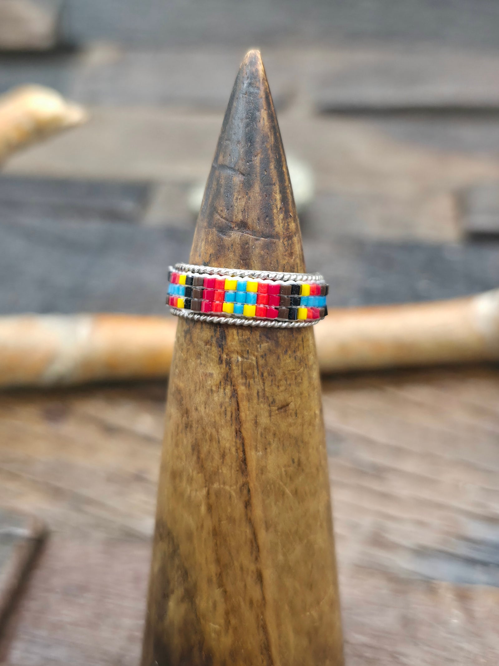 Beadwork Sterling Silver Ring by Lucille Ramone - Blue Cross Center - Size 7 1/2