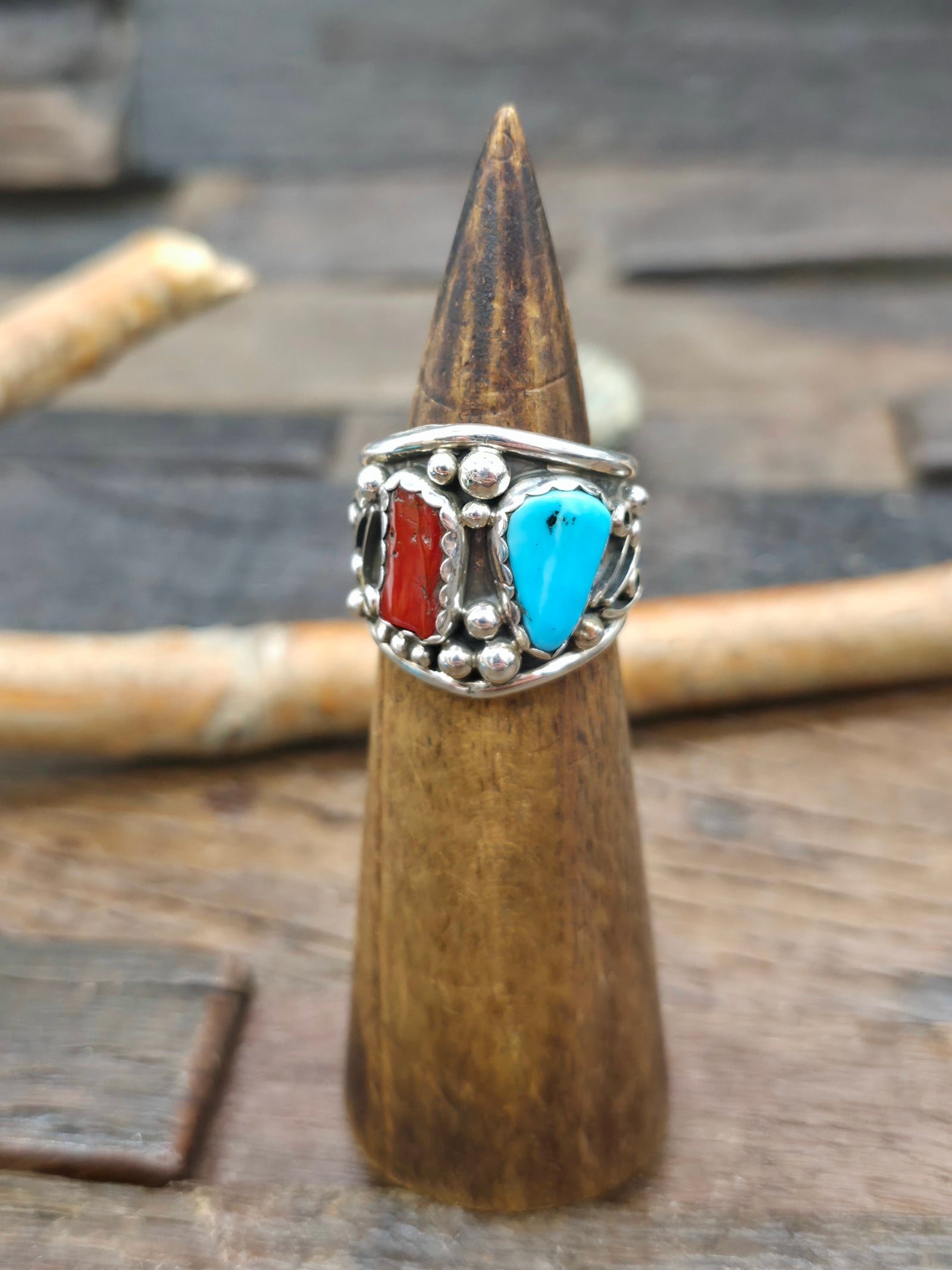 Sterling Silver Turquoise and Coral Ring by Darrel Morgan - Size 10 1/2