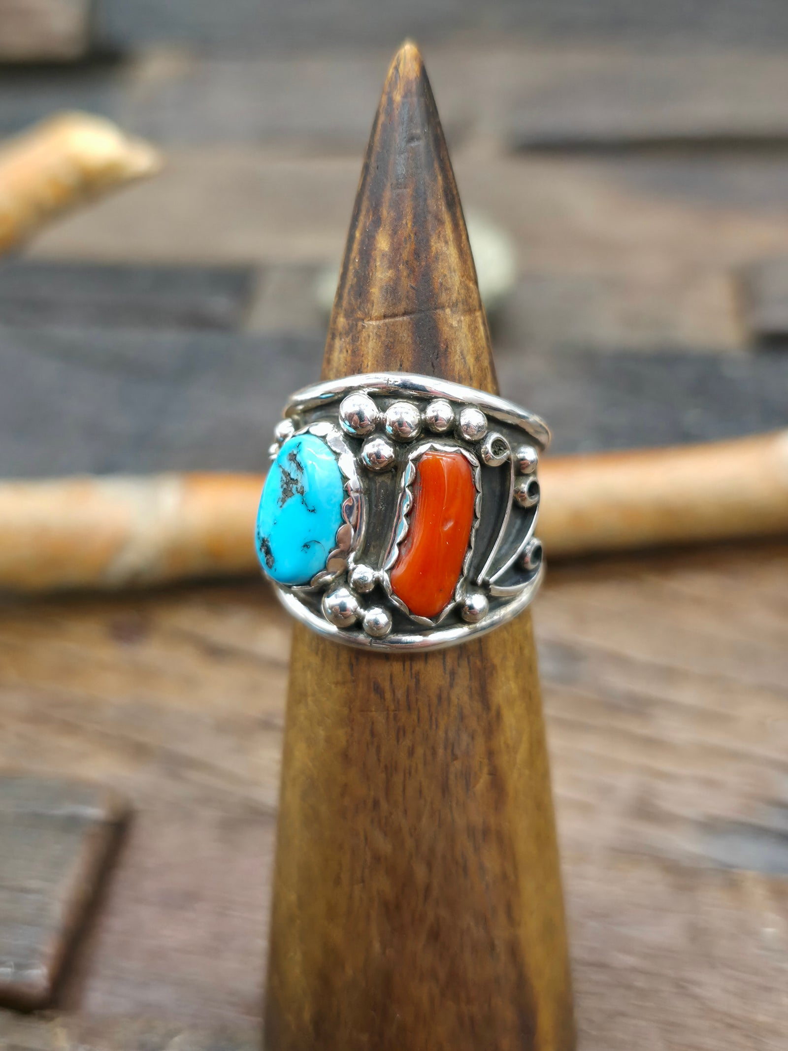 Sterling Silver Turquoise and Coral Ring by Darrel Morgan - Size 11