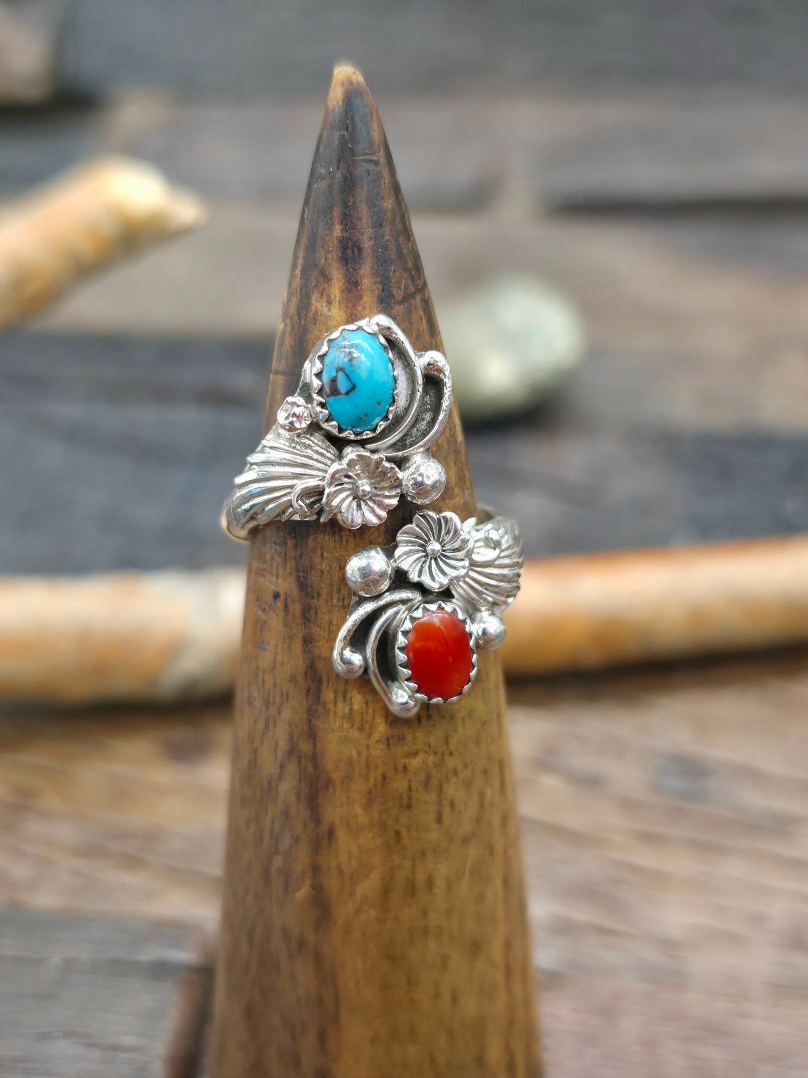 Sterling Silver Turquoise and Coral Wraparound Ring by Jimson Belin - Size 9