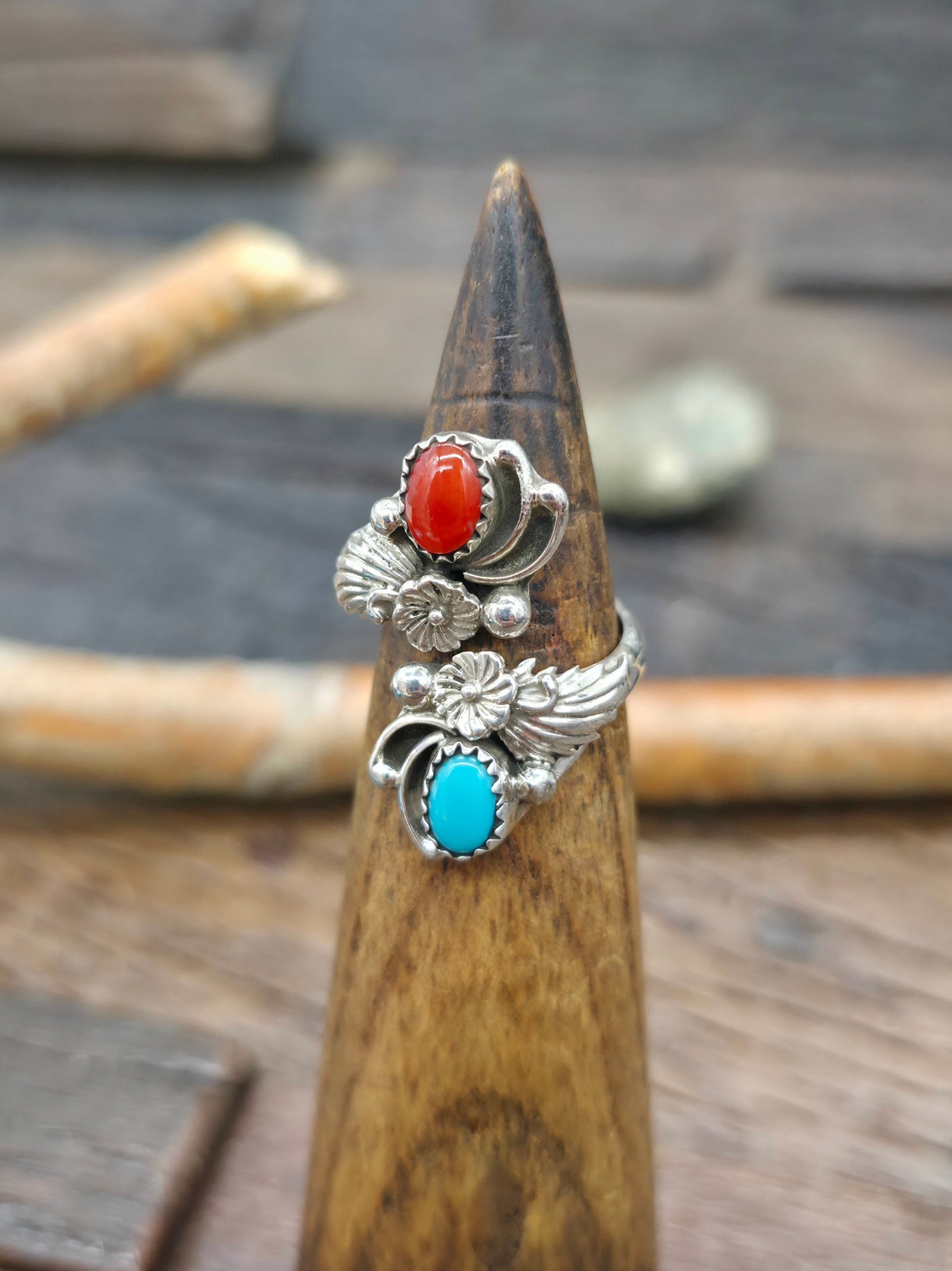 Sterling Silver Turquoise and Coral Wraparound Ring by Jimson Belin - Size 7