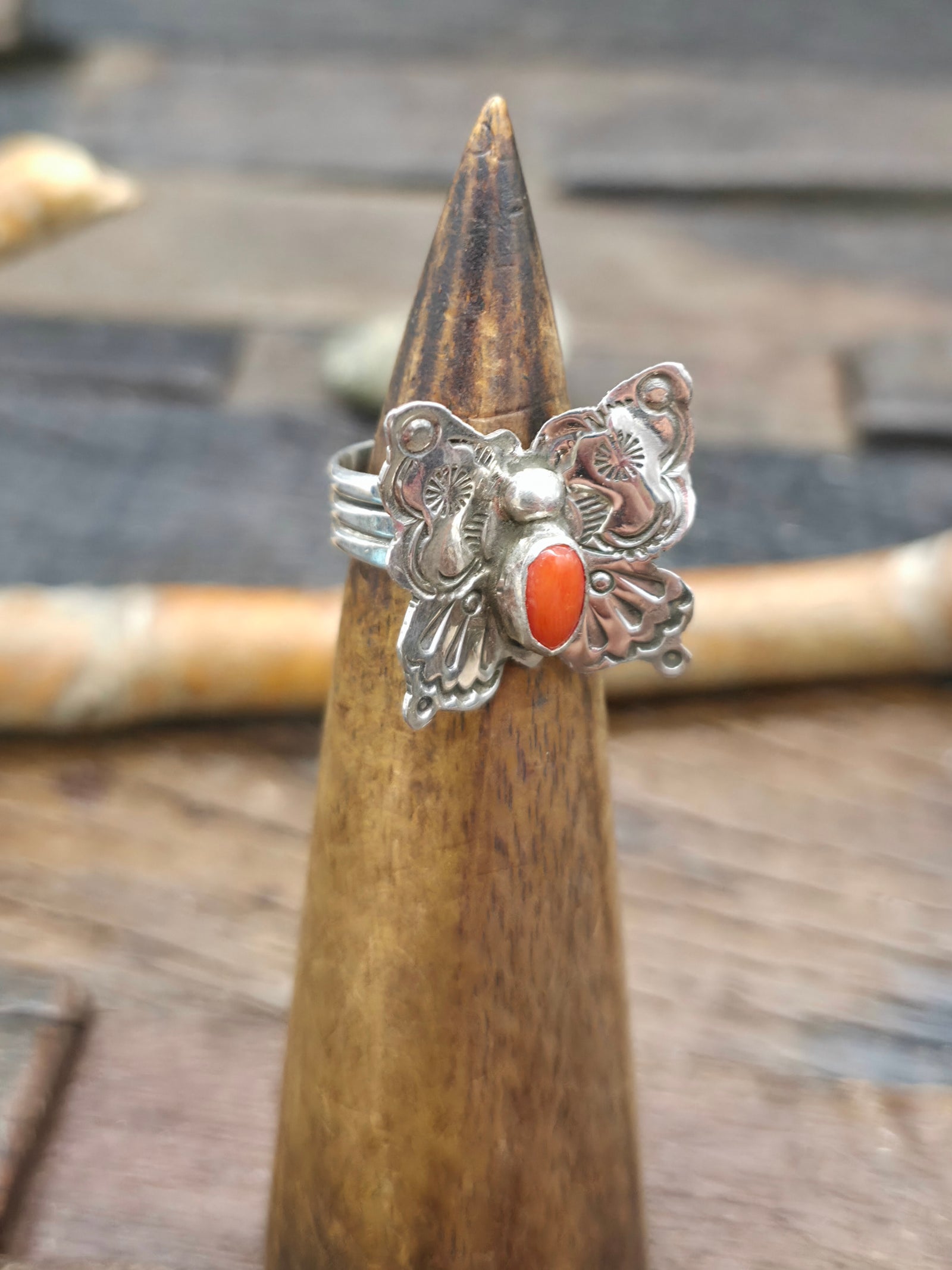 Stamped Sterling Silver Butterfly Ring with Coral by Micah Nelson - Adjustable