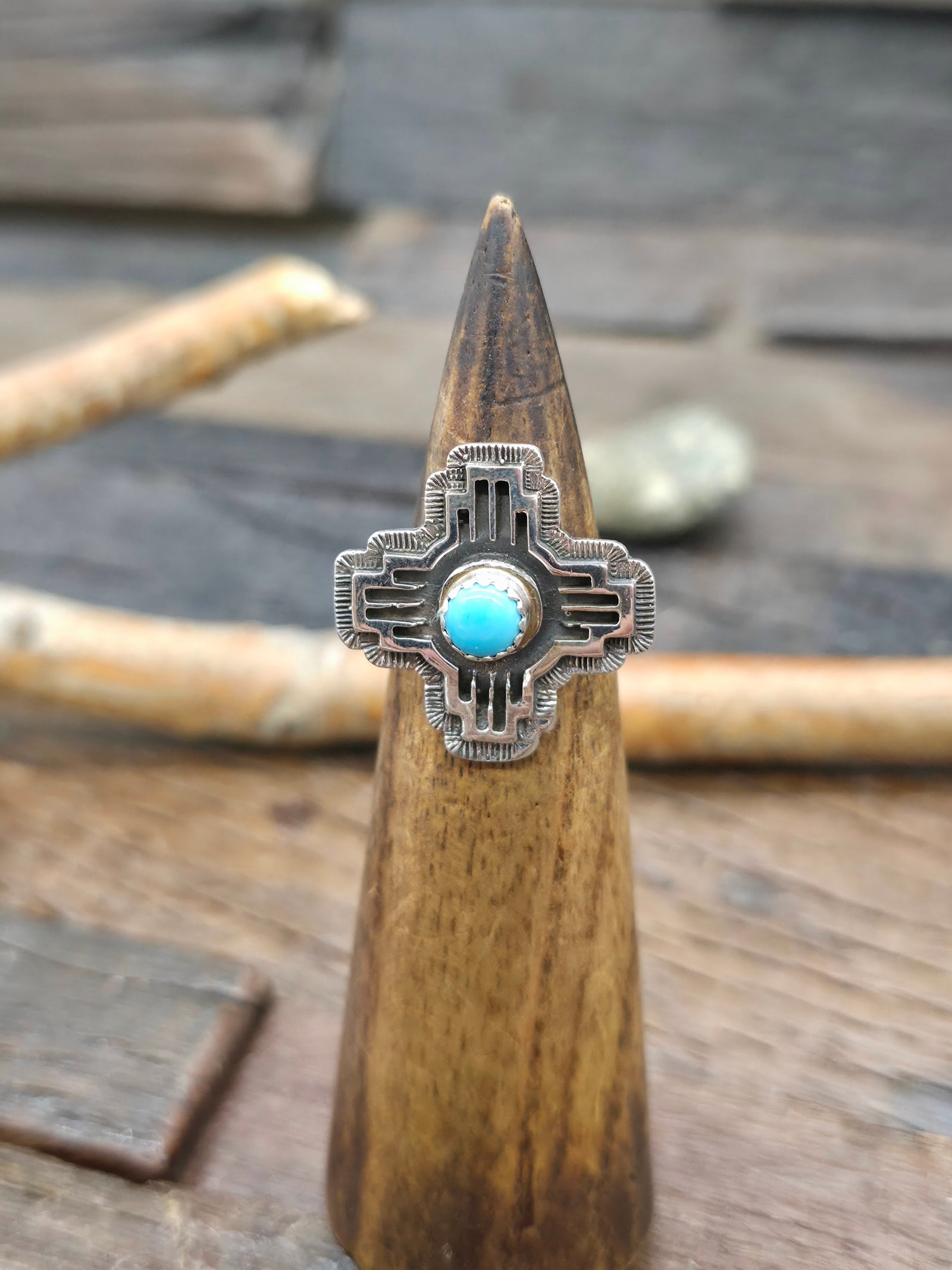 Sterling Silver Turquoise Zia Symbol Ring by Theresa Smith - Size 8 1/2