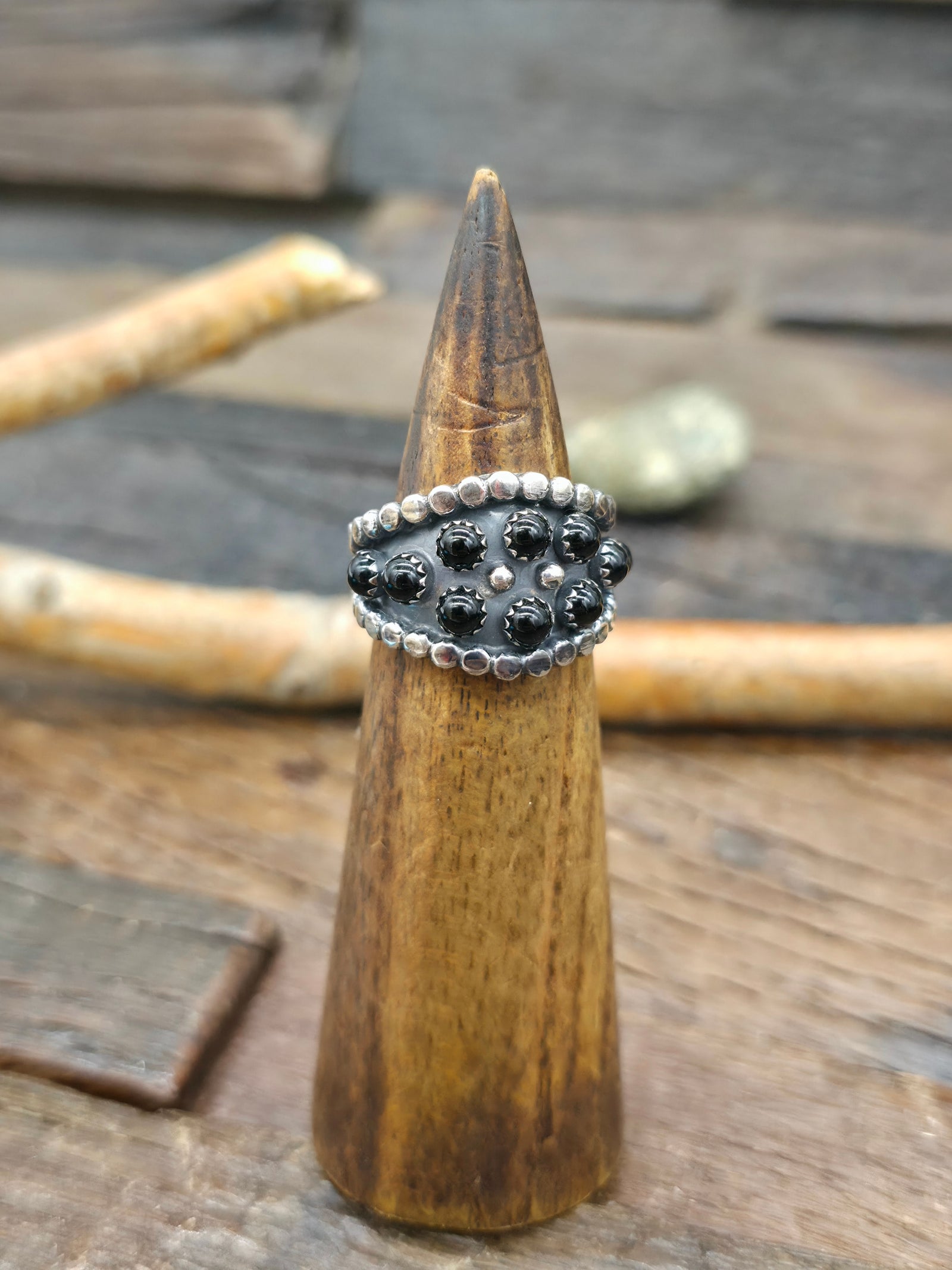 Sterling Silver Onyx Snake Eye Ring by Kenny Lonjose - Size 10