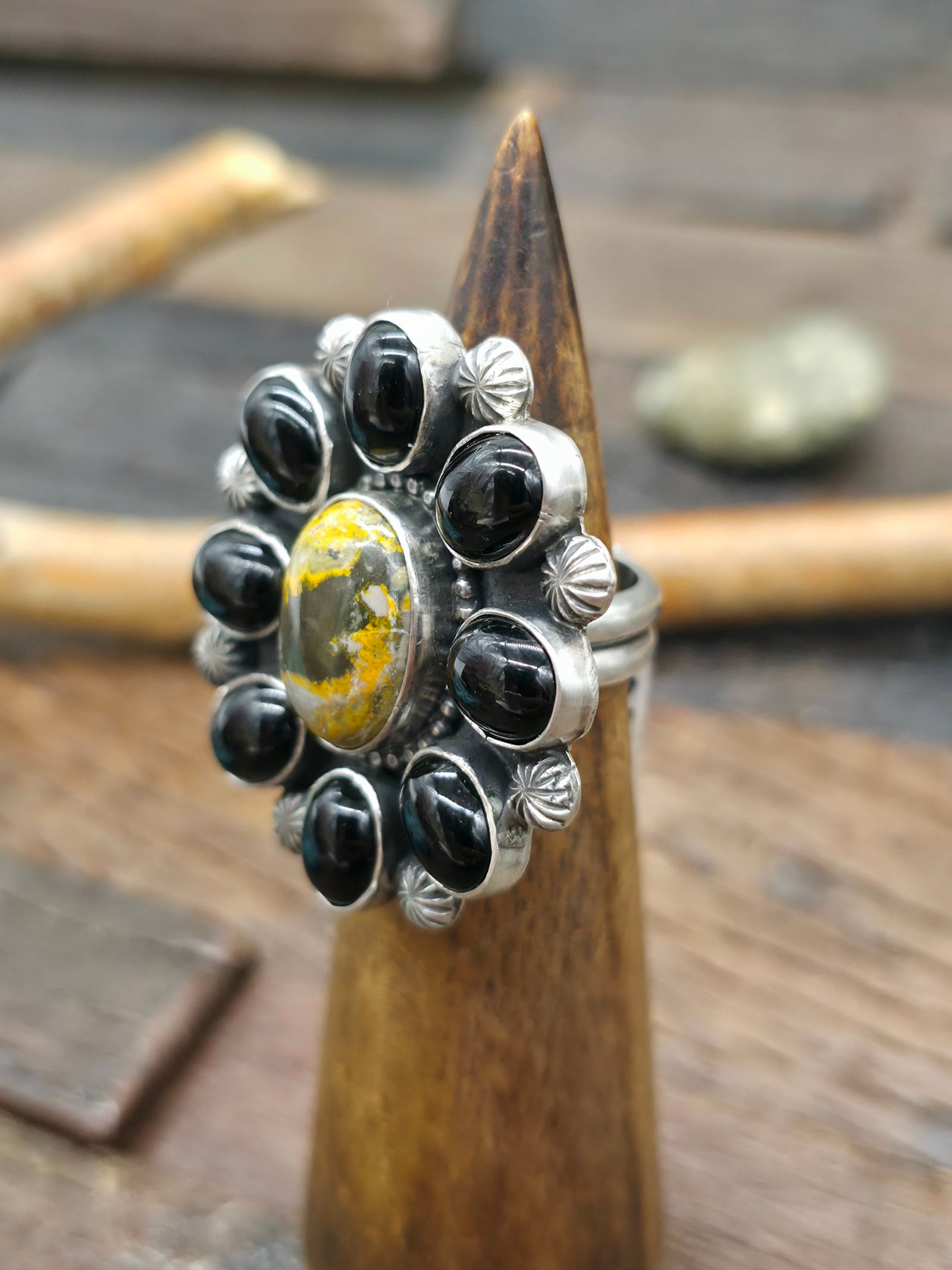 Bumblebee Jasper and Onyx Sterling Silver Ring by Randall Enditto - Adjustable