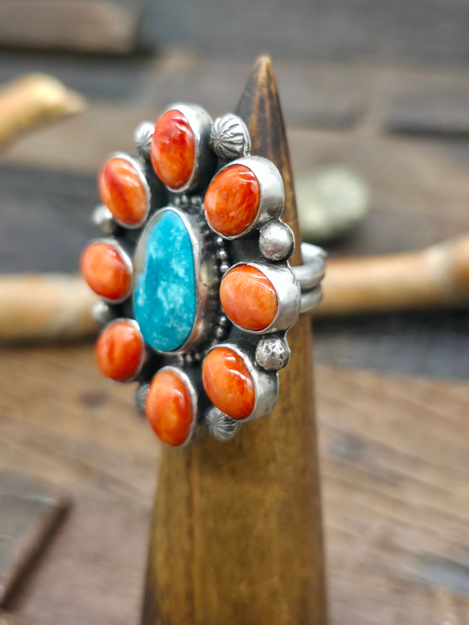 Turquoise and Spiny Sterling Silver Ring by Randall Enditto - Adjustable