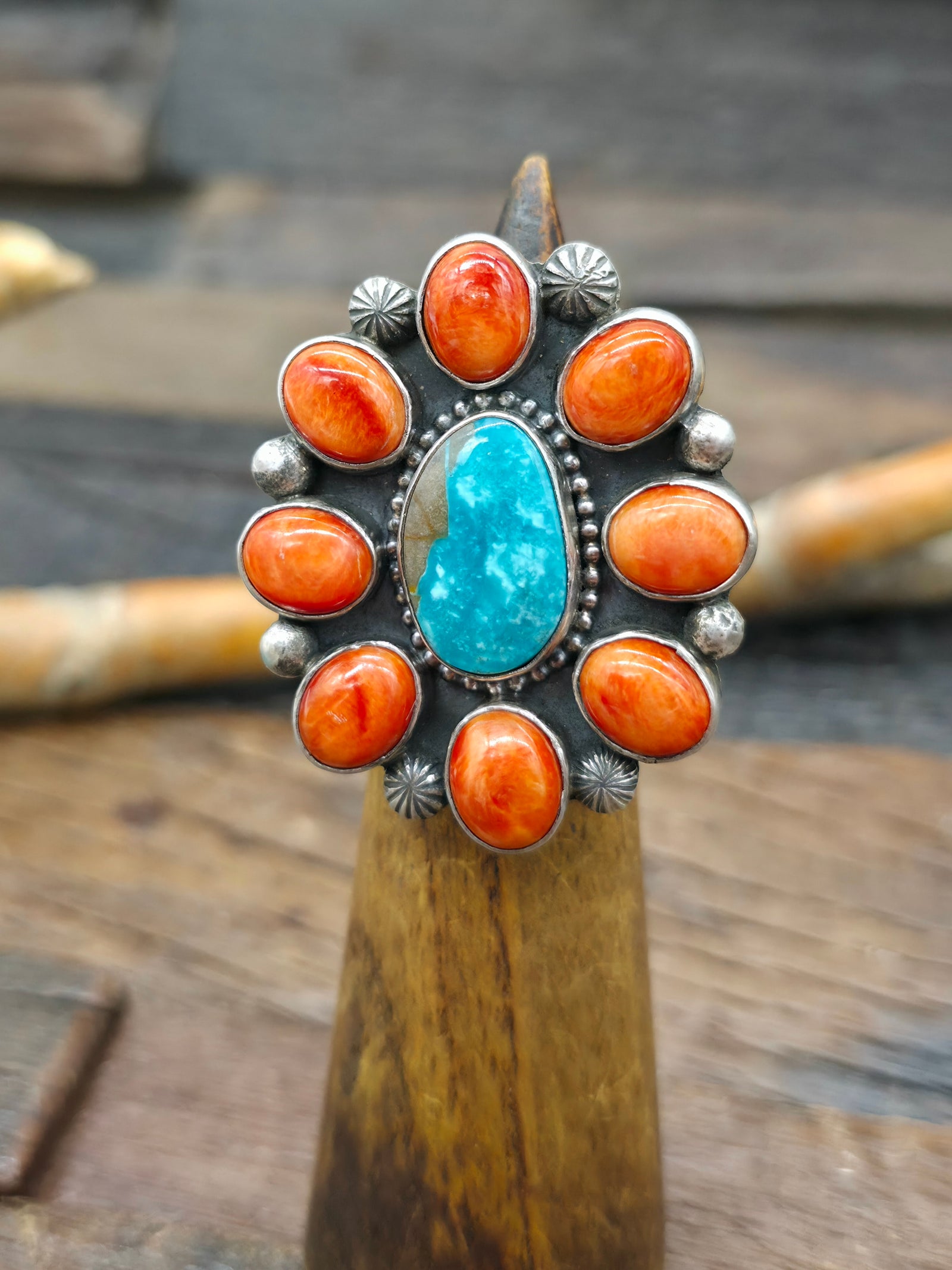 Turquoise and Spiny Sterling Silver Ring by Randall Enditto - Adjustable