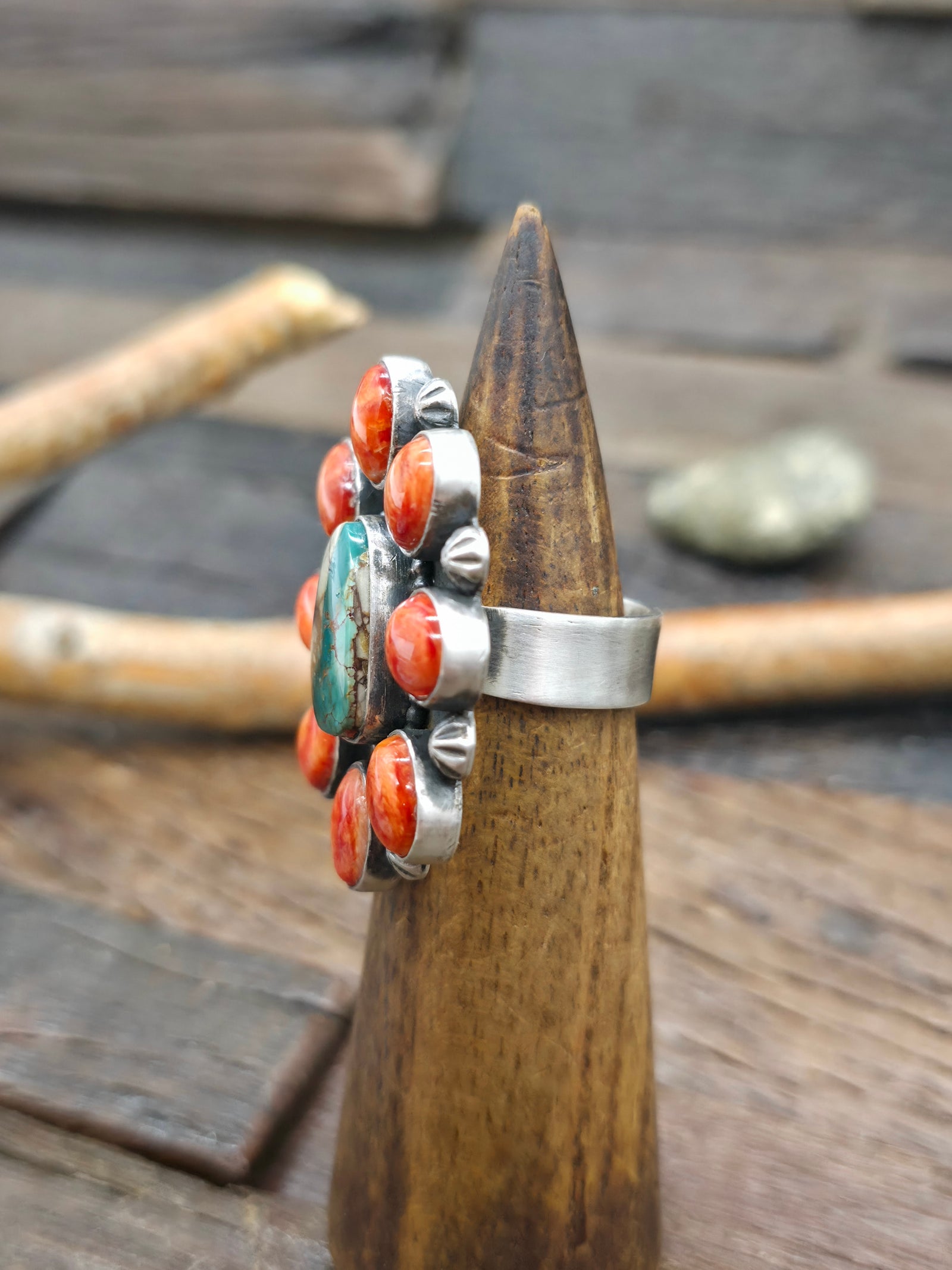 Boulder Turquoise and Spiny Sterling Silver Ring by Etta Enditto - Adjustable
