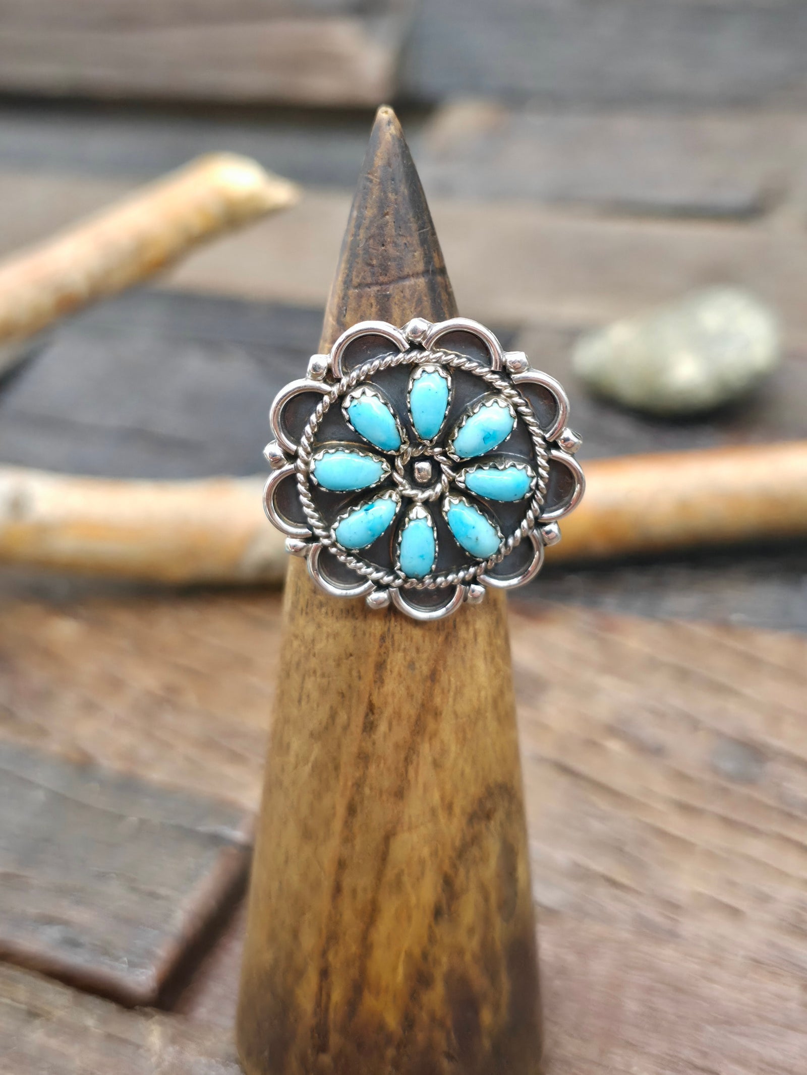Turquoise Sterling Silver Cluster Ring  - Adjustable