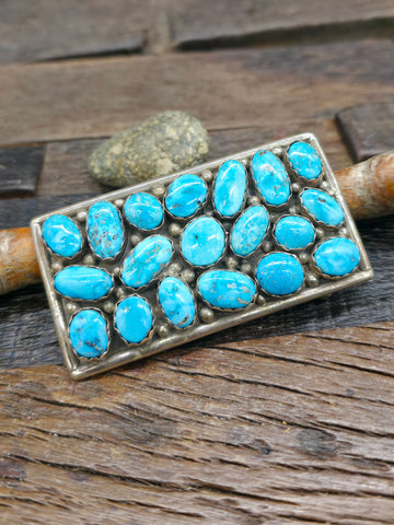 Stamped Sterling Silver Morenci Turquoise Belt Buckle by "HM" - 3 3/4 in. by 3 in.