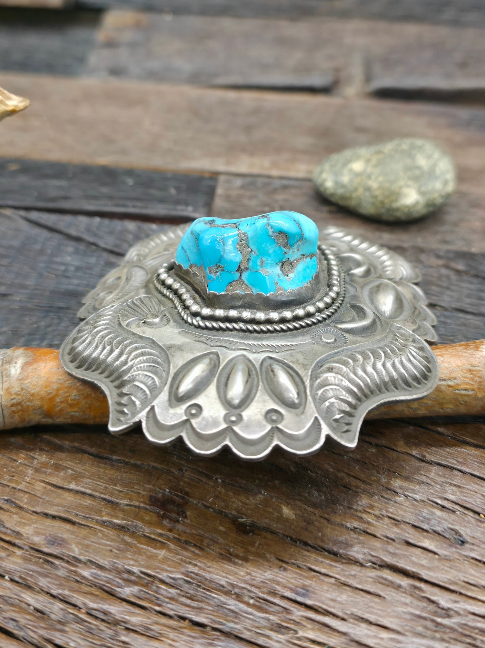 Stamped Sterling Silver Morenci Turquoise Belt Buckle by "HM" - 3 3/4 in. by 3 in.
