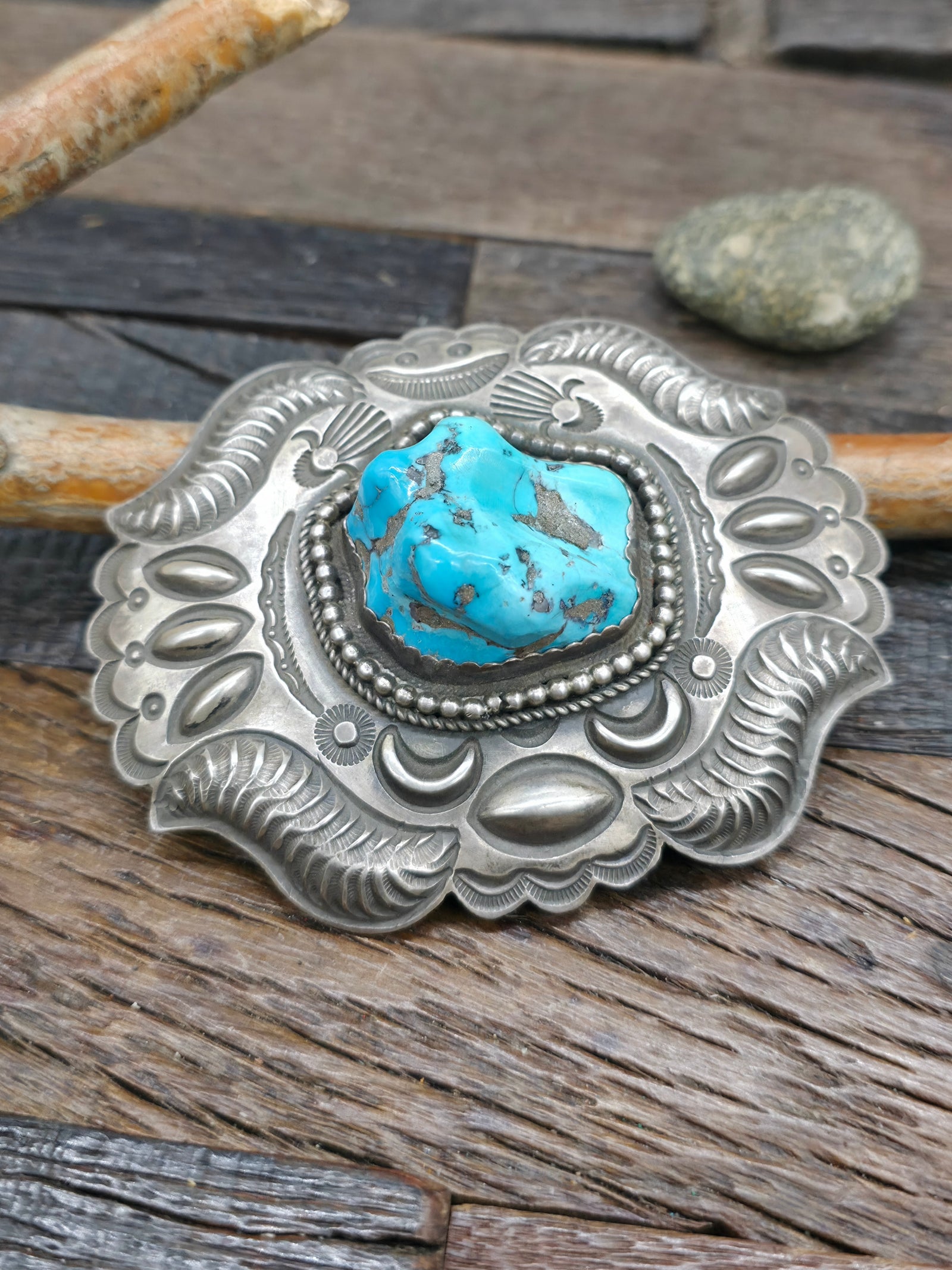 Stamped Sterling Silver Morenci Turquoise Belt Buckle by "HM" - 3 3/4 in. by 3 in.