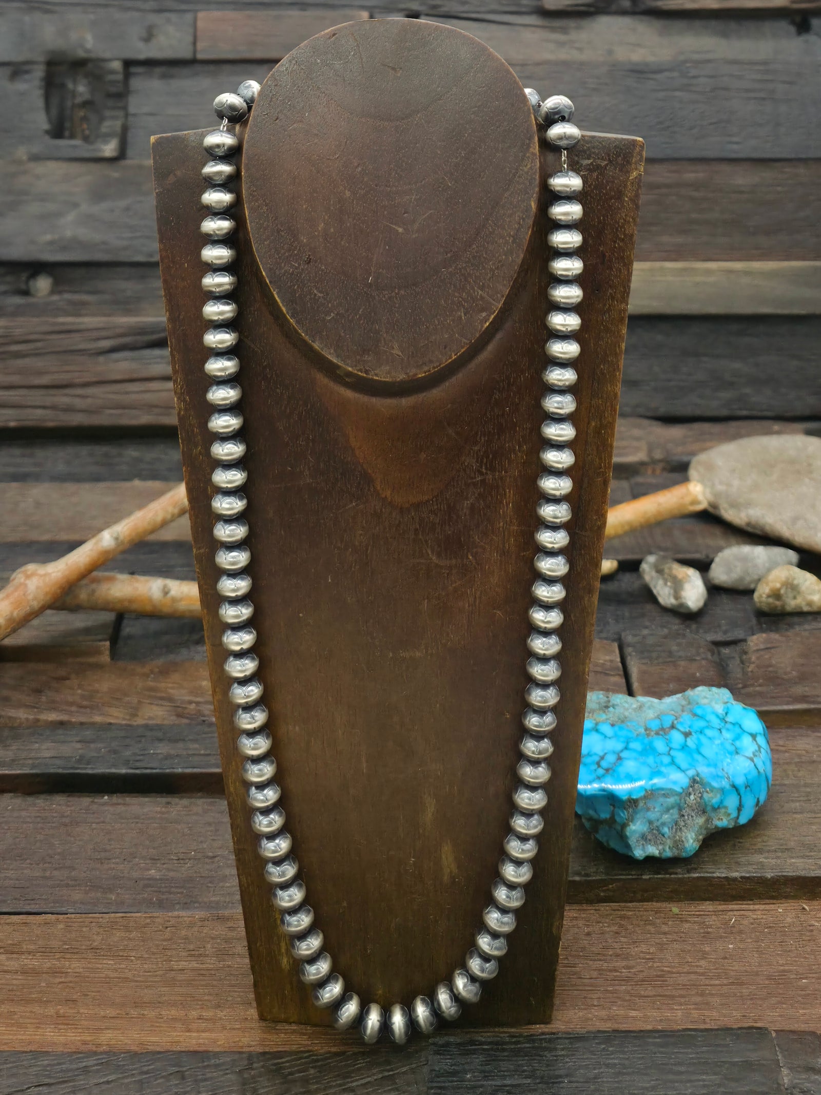 Stamped Sterling Silver Navajo Pearl Rondelle Necklace by Bryannen Halwood - 26 in.  10 mm