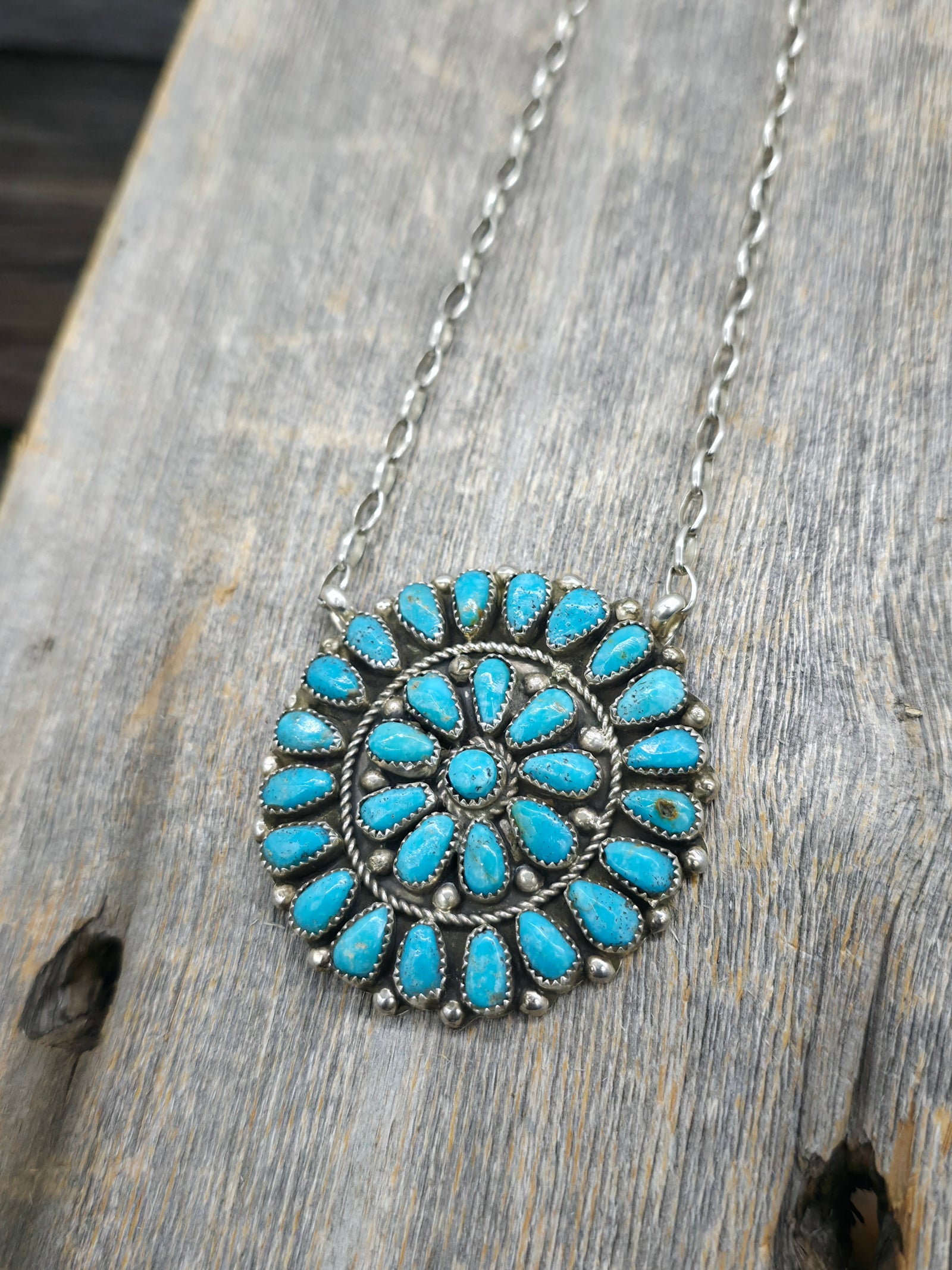 Sterling Silver Turquoise Cluster Necklace by Eunise Wilson - 20 in.