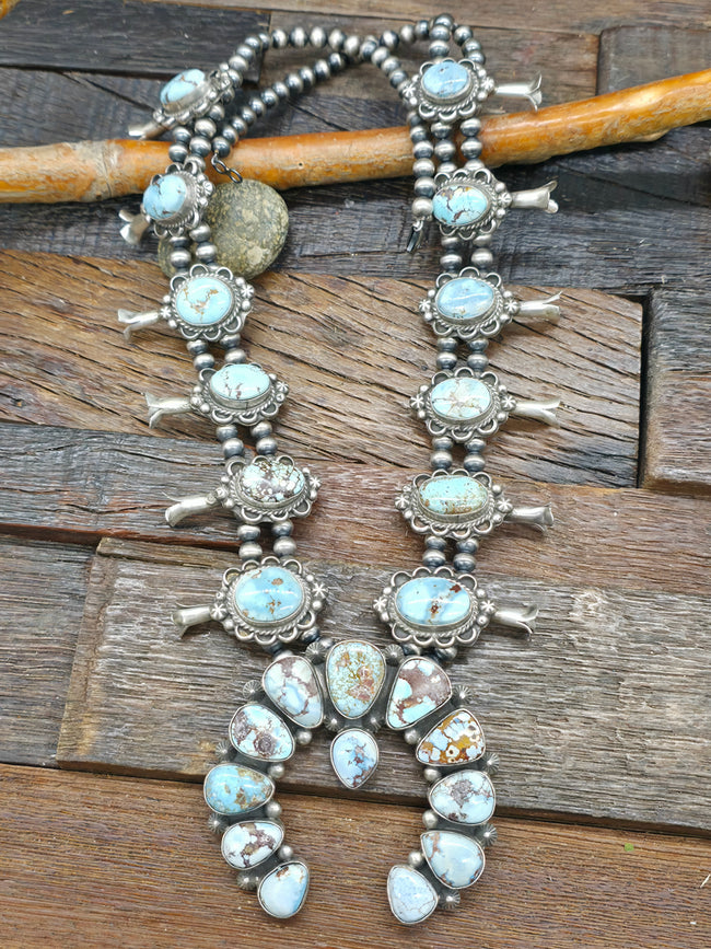 Sterling Silver Golden Hill Turquoise Squash Blossom Necklace by T. Smith - 24 in.