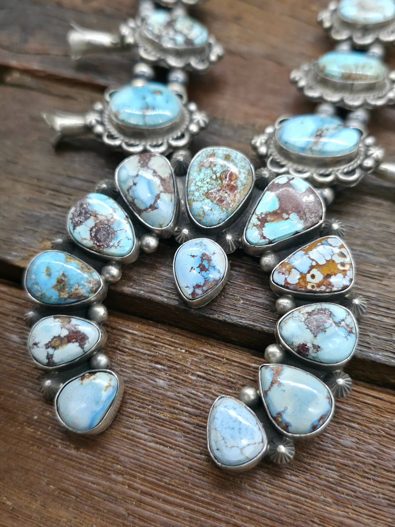 Sterling Silver Golden Hill Turquoise Squash Blossom Necklace by T. Smith - 24 in.