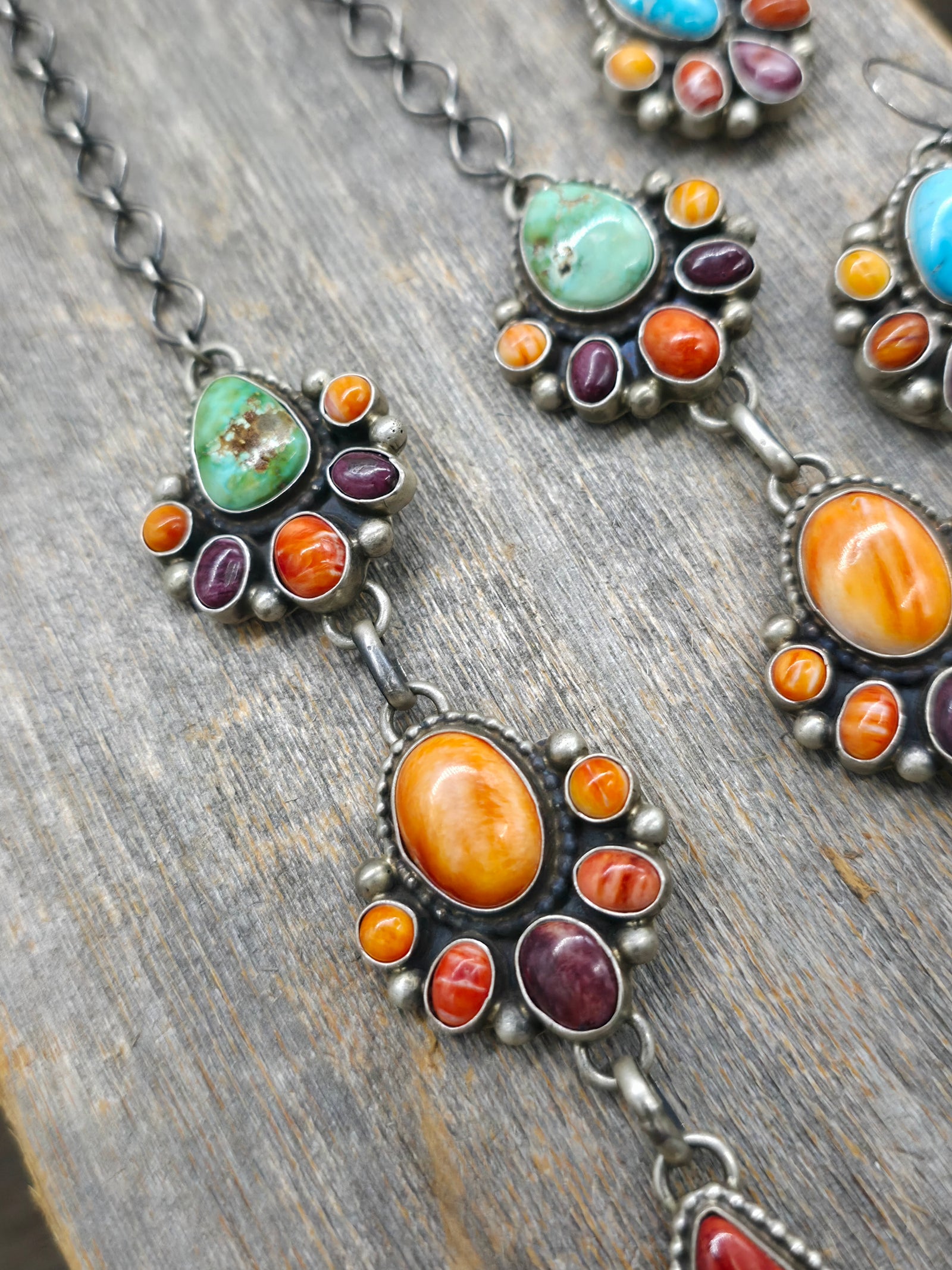 Sterling Silver Sonoran and Kingman Turquoise, Red and Purple Spiny Oyster Necklace and Earring Set by Kathleen Livingston - 24 in.