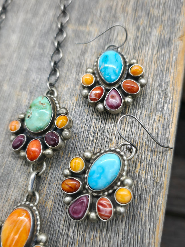 Sterling Silver Sonoran and Kingman Turquoise, Red and Purple Spiny Oyster Necklace and Earring Set by Kathleen Livingston - 24 in.