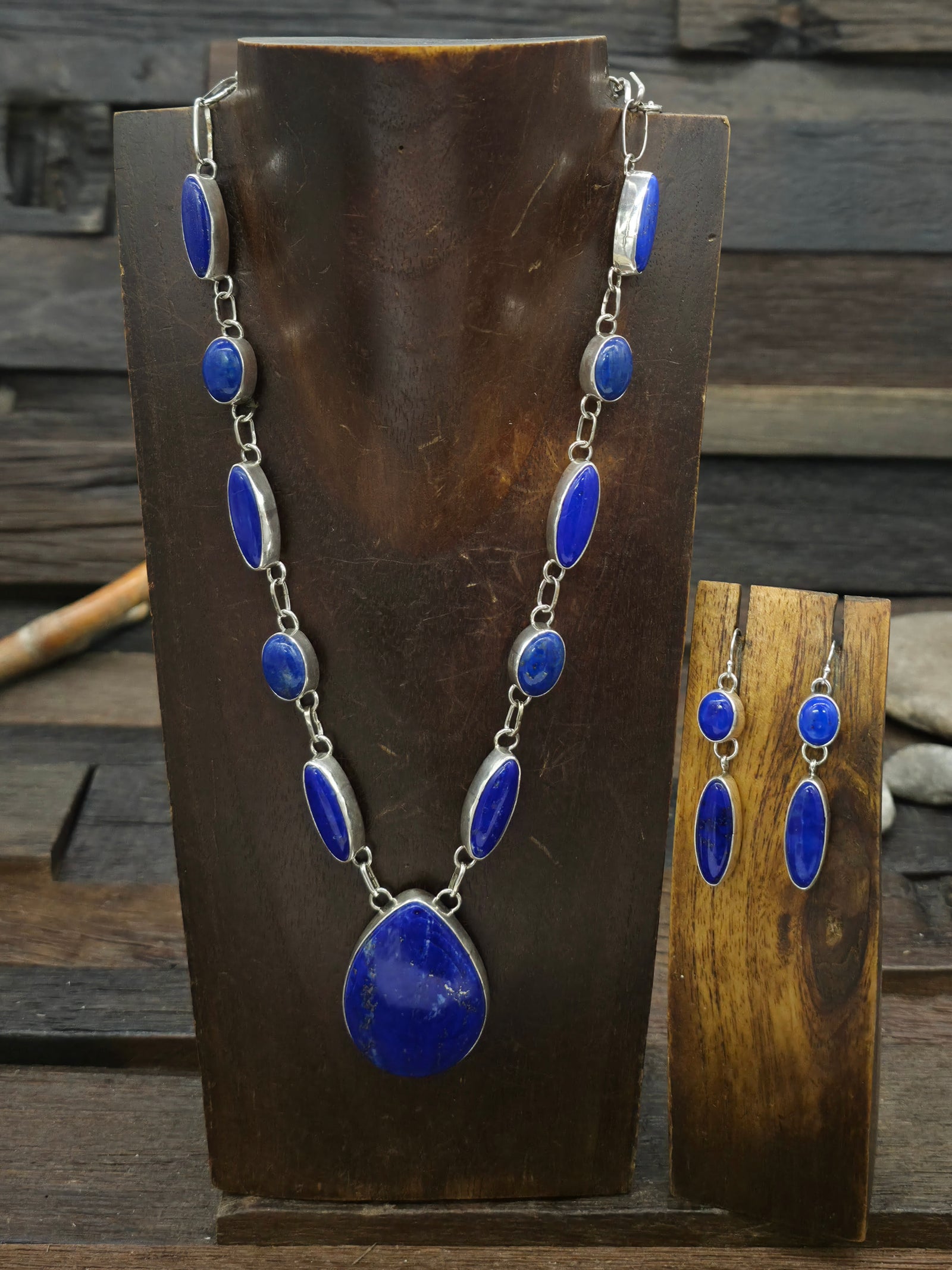 Sterling Silver Lapis Lariat Necklace and Earring Set by Rosella Paxson - 22 in.