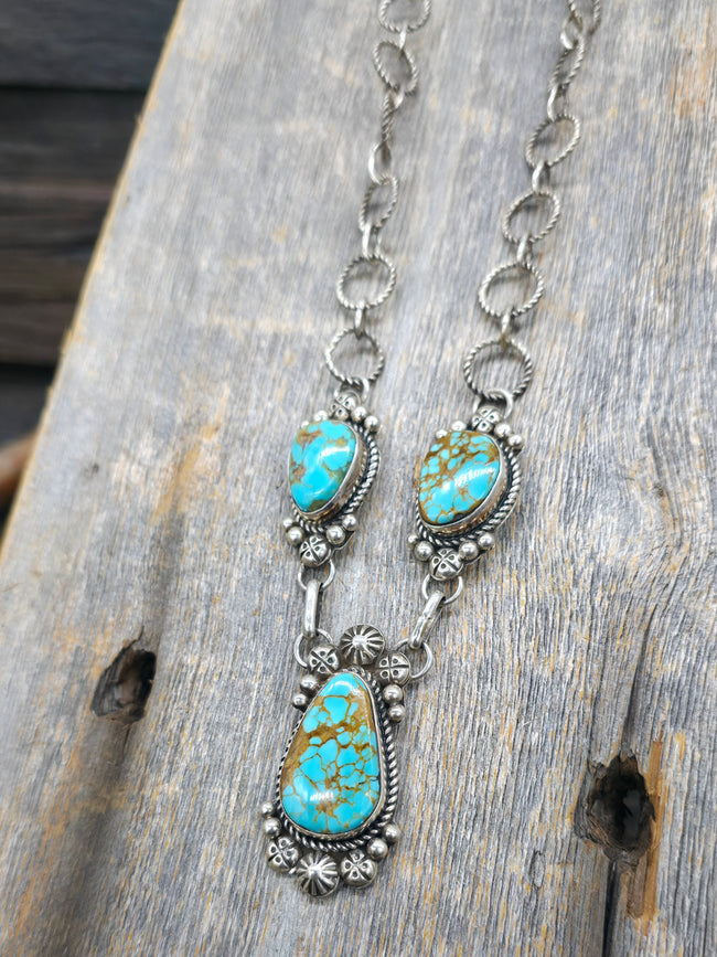 Sterling Silver Tyrone Turquoise Lariat Necklace by Rosella Paxson - 28 in.