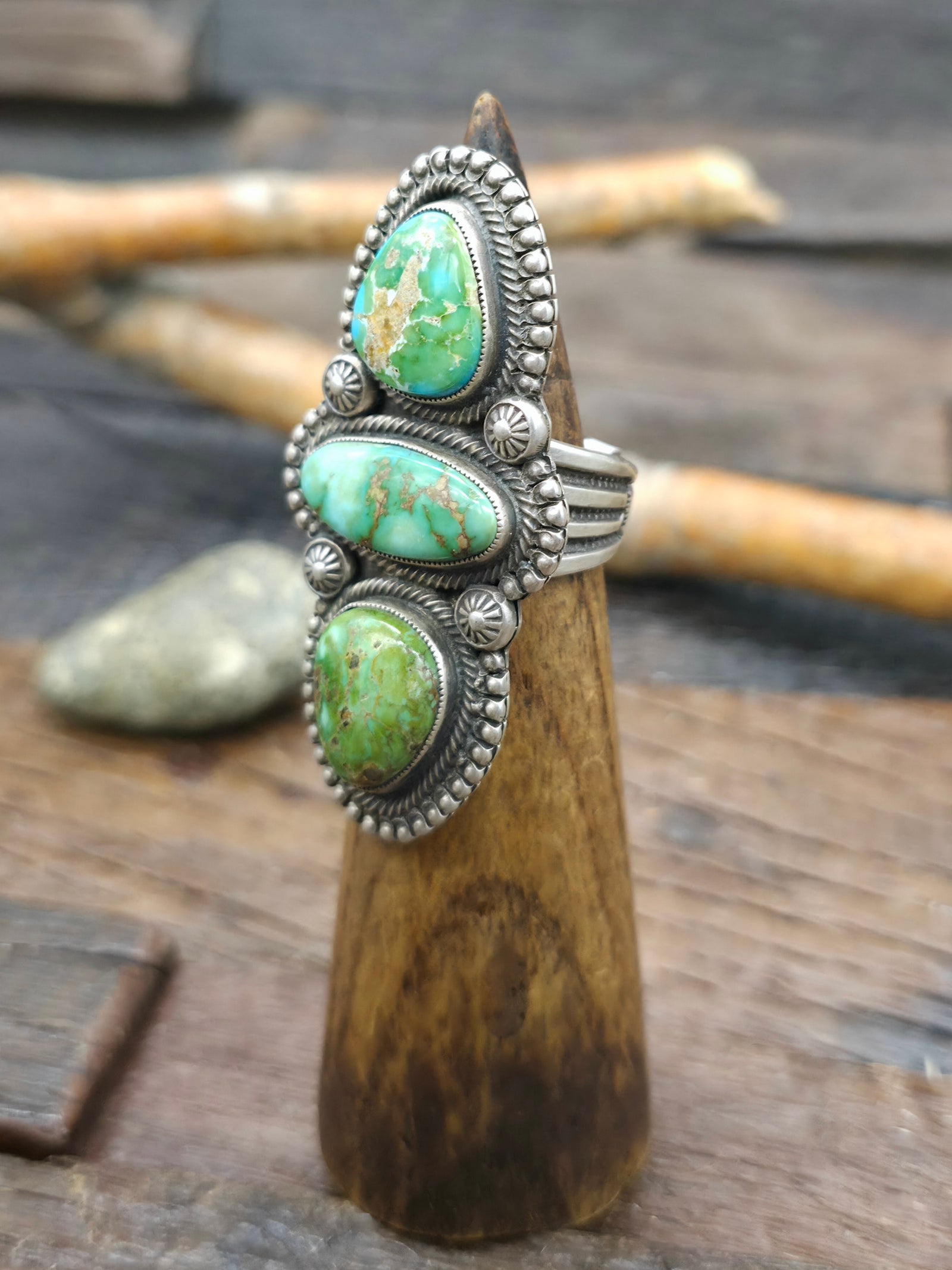 Three Stone Sterling Silver Sonoran Turquoise Ring by Calvin Martinez - Size 8 1/4