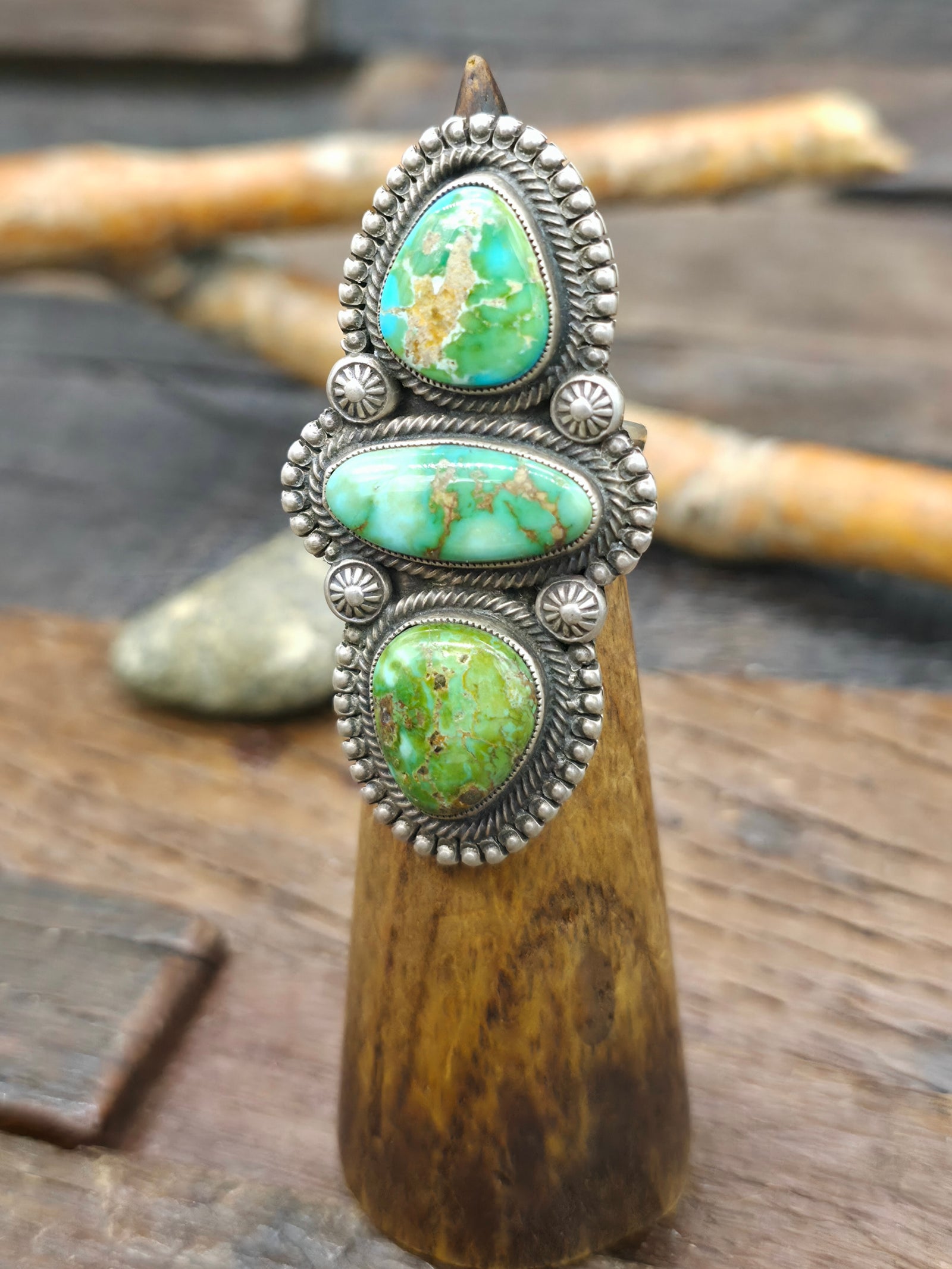 Three Stone Sterling Silver Sonoran Turquoise Ring by Calvin Martinez - Size 8 1/4