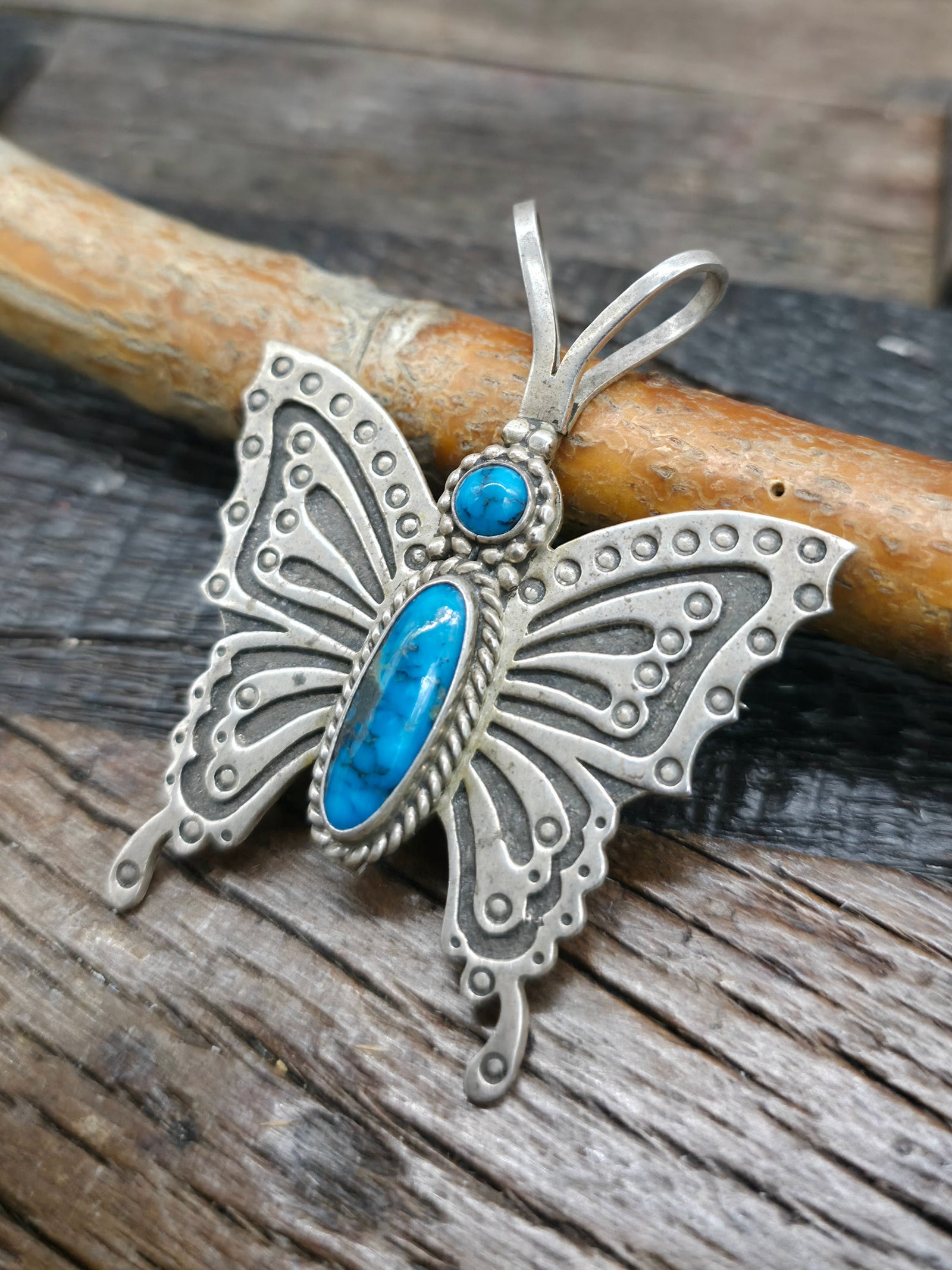 Vintage/Estate Sterling Silver Turquoise Butterfly Pendant/Pin by Herman Smith - 2 1/2 in. by 2 in.