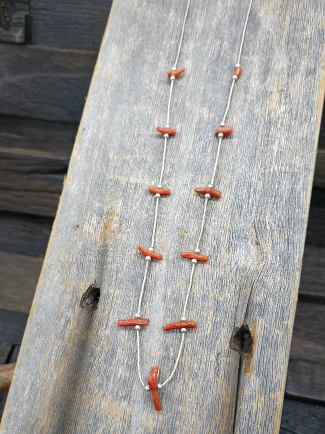 Vintage/Estate Sterling Silver and Coral Bead Necklace - 26 in.