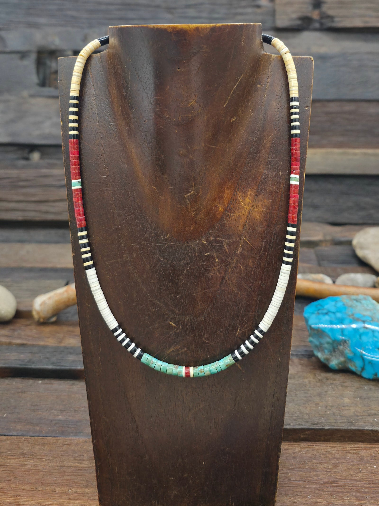 Turquoise, Jet, Apple Coral, and Melon Shell  Heishi Necklace by Dorene Calabaza - 18 in.