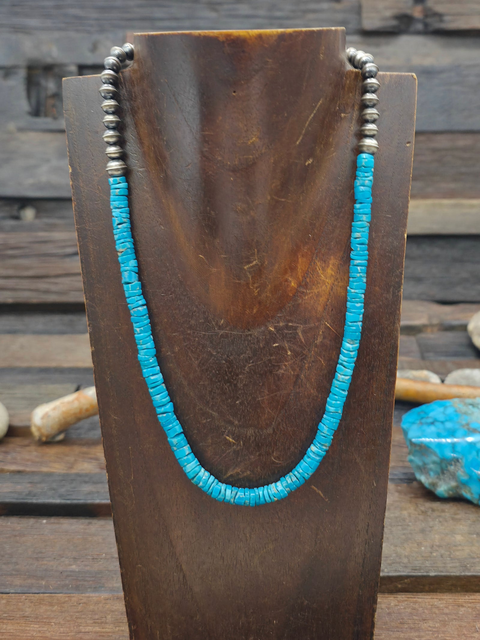 Seamed Sterling Silver Bead and Turquoise Heishi Bead Necklace - 18 in.