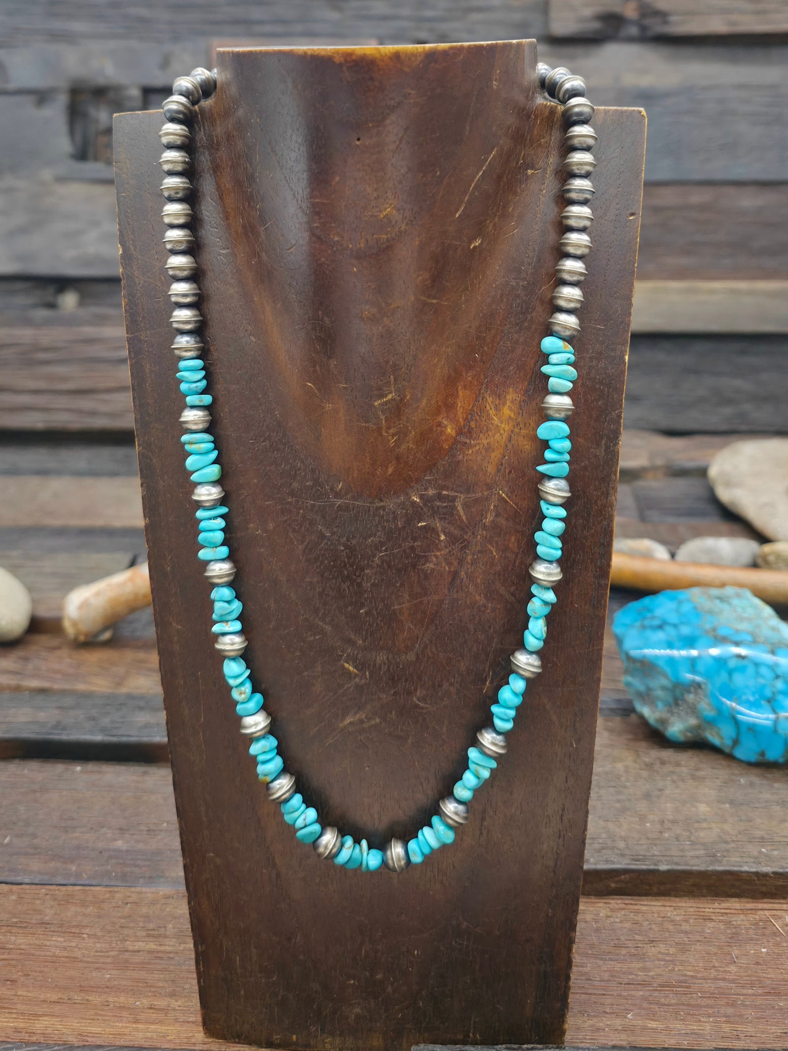 Seamed Sterling Silver Bead and Turquoise Nugget Necklace - 20 in.