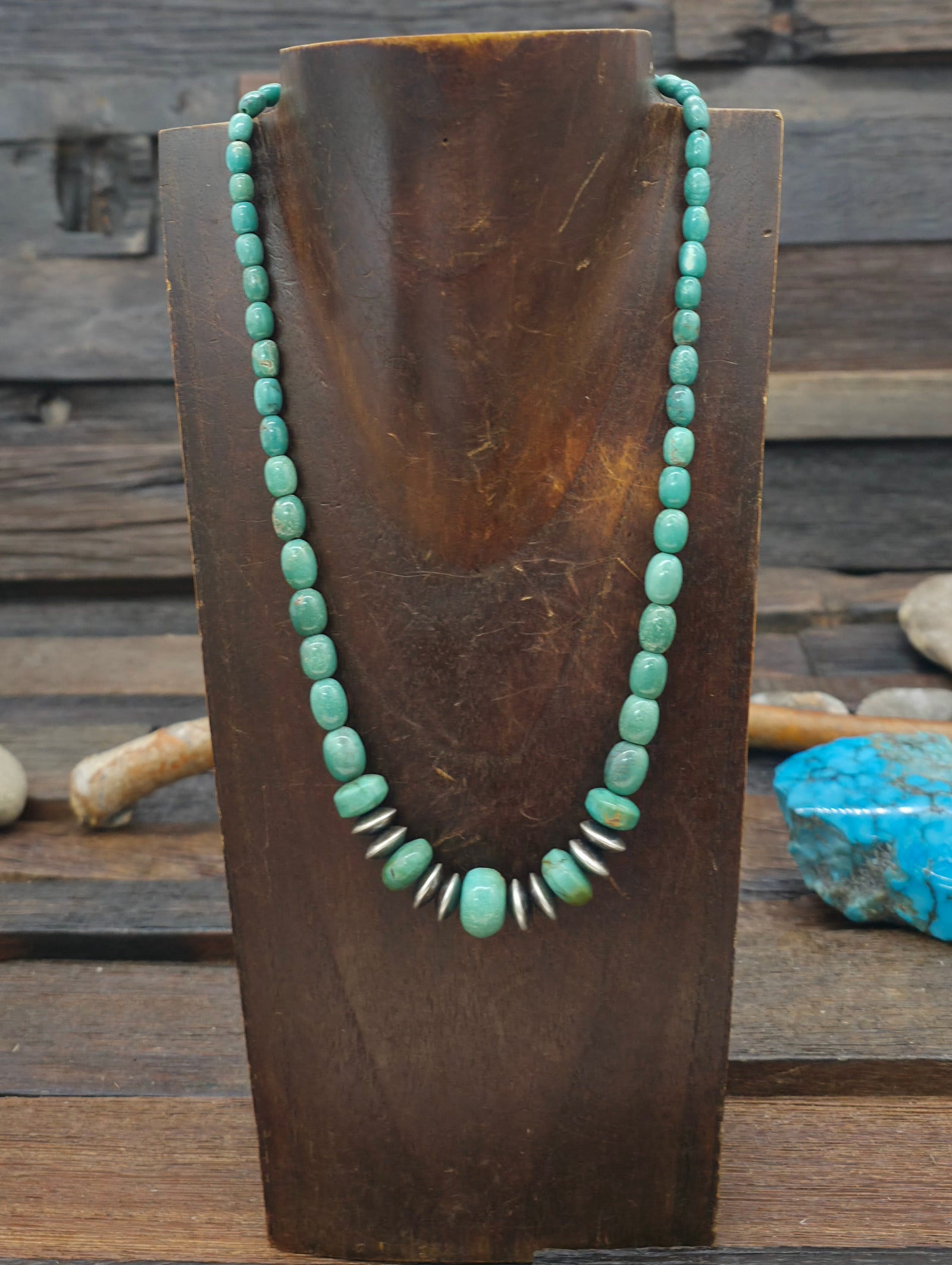 Graduated Green Turquoise and Sterling Silver Bead Necklace - 18 in.